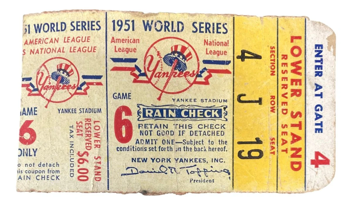 1951 World Series Game 6 Ticket Stub New York Yankees vs Giants DiMaggio Last WS