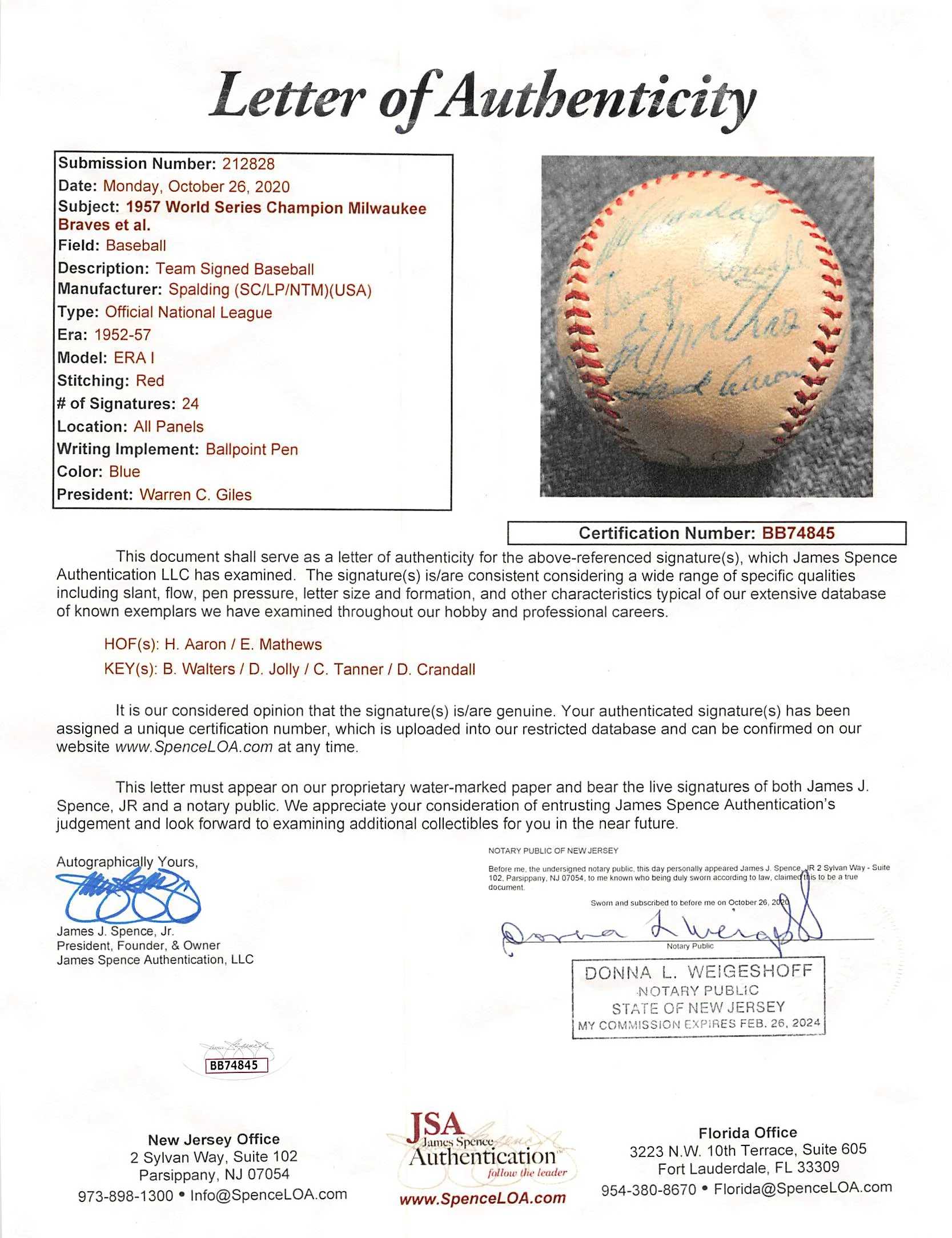 1957 Braves (24) Aaron, Mathews +22 Signed Giles Onl Baseball JSA #BB74845 - Image 8