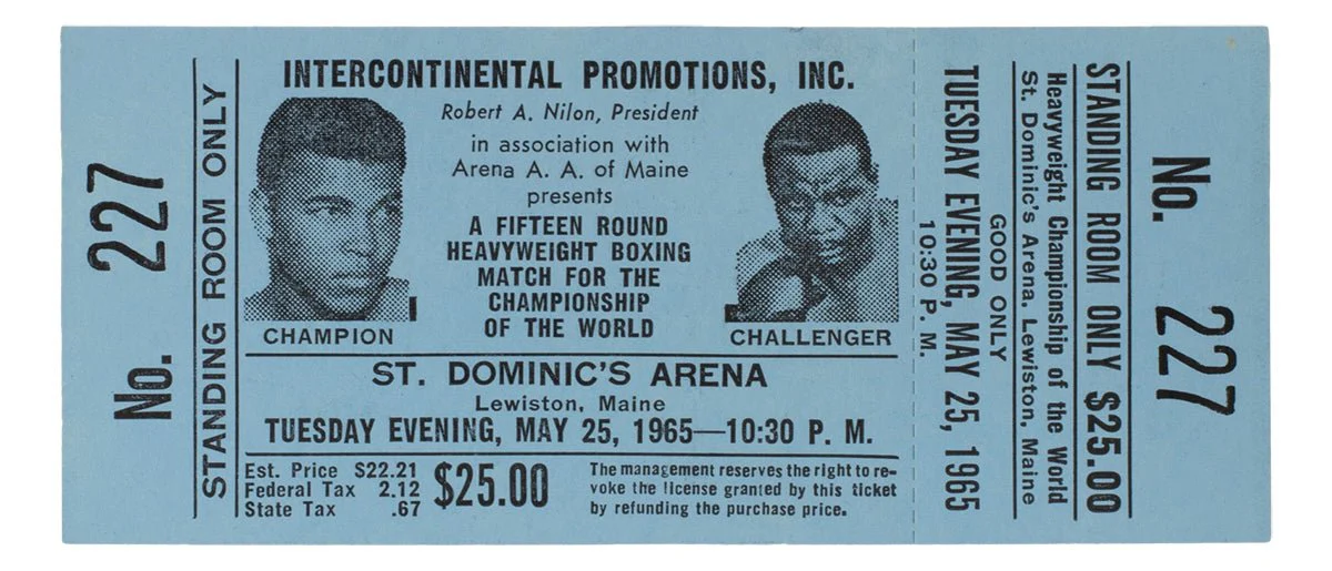 1965 Muhammad Ali Vs Sonny Liston Phantom Punch Boxing Match Blue Full Ticket