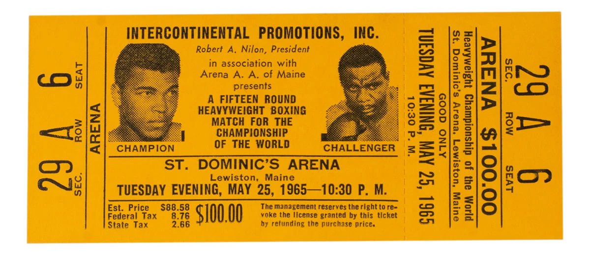 1965 Muhammad Ali Vs Sonny Liston Phantom Punch Boxing Match Orange Full Ticket