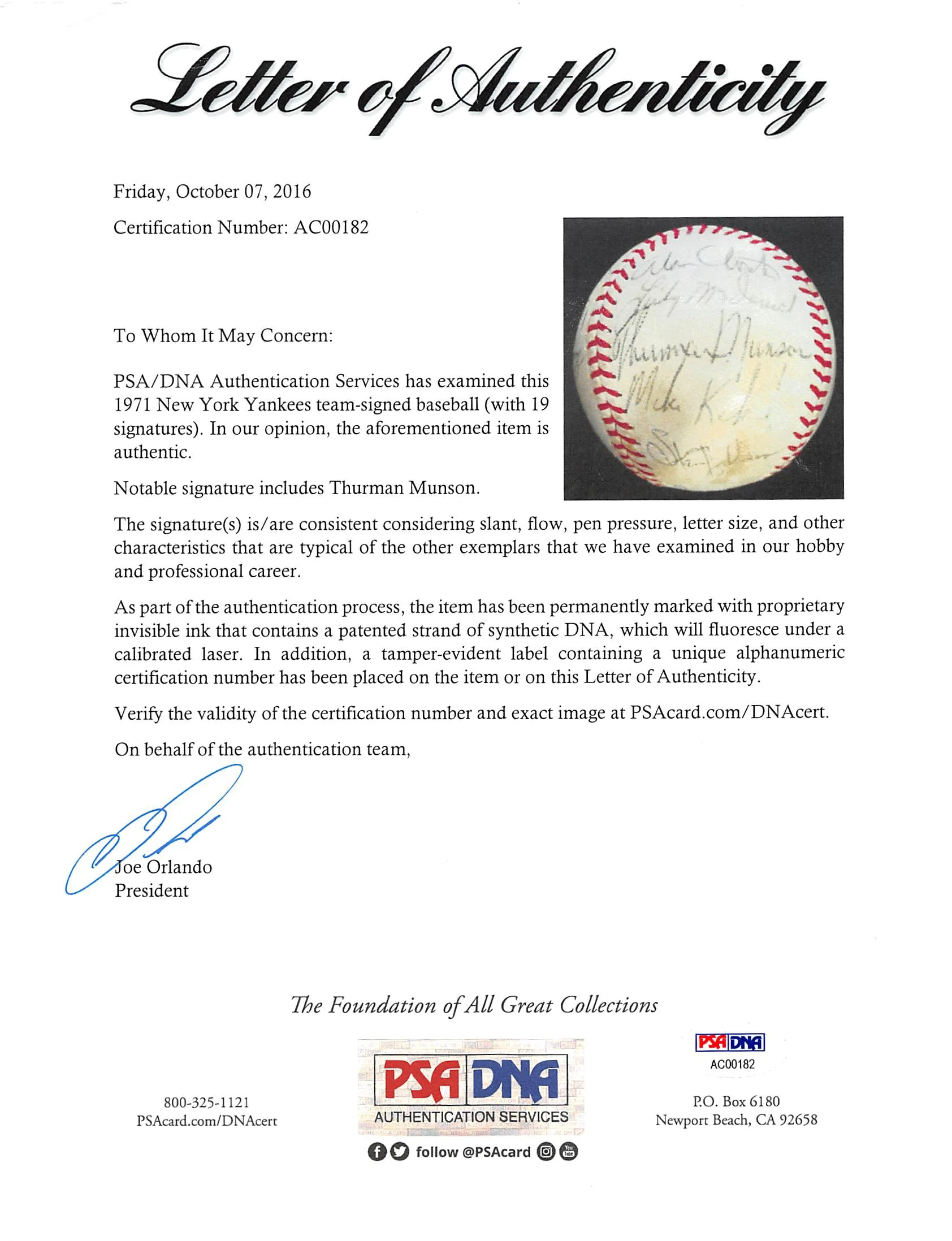 1971 Yankees (19) Munson, Stottlemyre, Alou Signed Oal Baseball PSA/DNA #AC00182 - Image 7