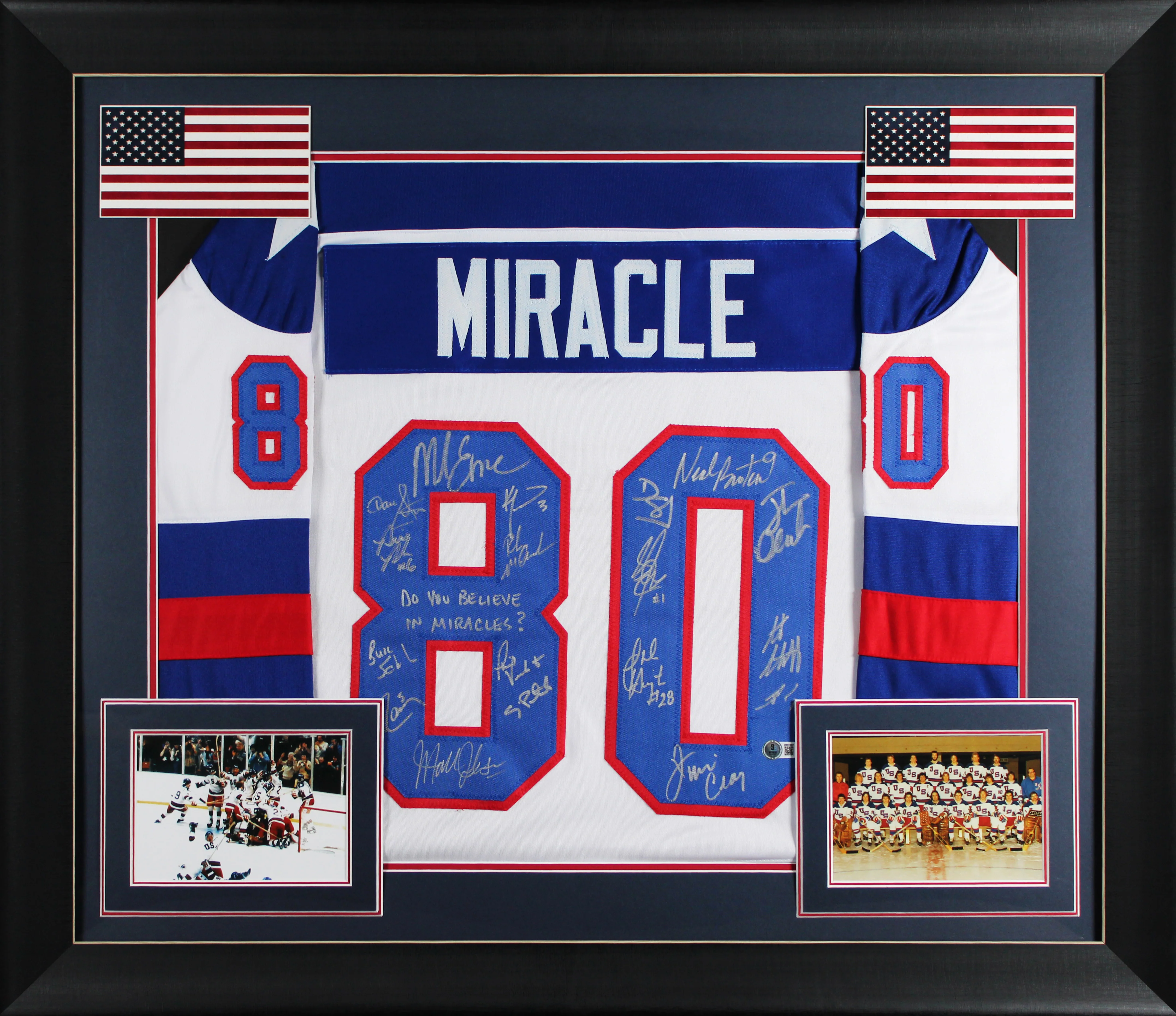 1980 USA Hockey 18 Autos Craig, Eruzione, Broten Signed White Framed Jersey BAS - Image 2