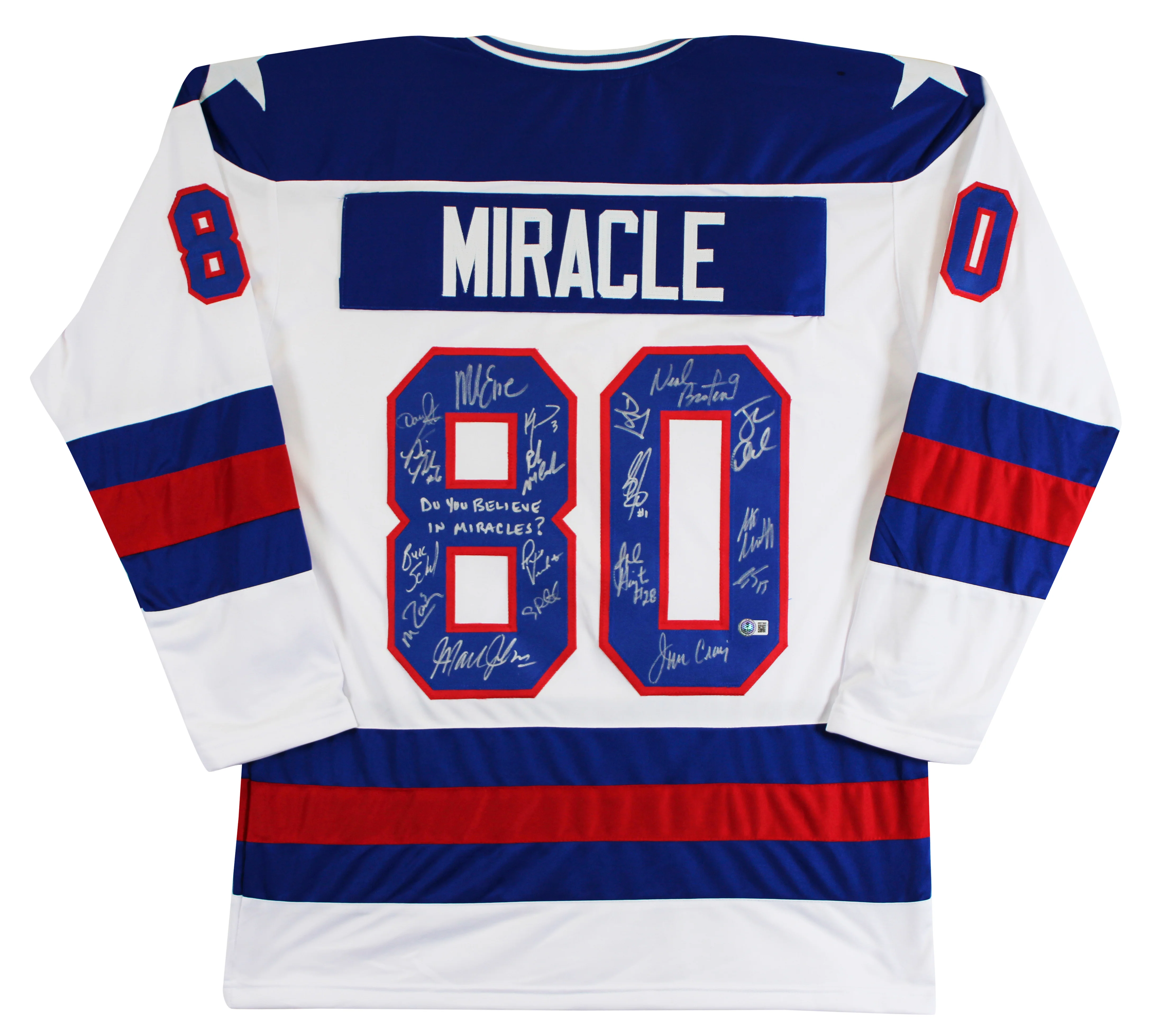 1980 USA Hockey 18 Autos Craig, Eruzione, Broten Signed White Jersey BAS Witness - Image 2