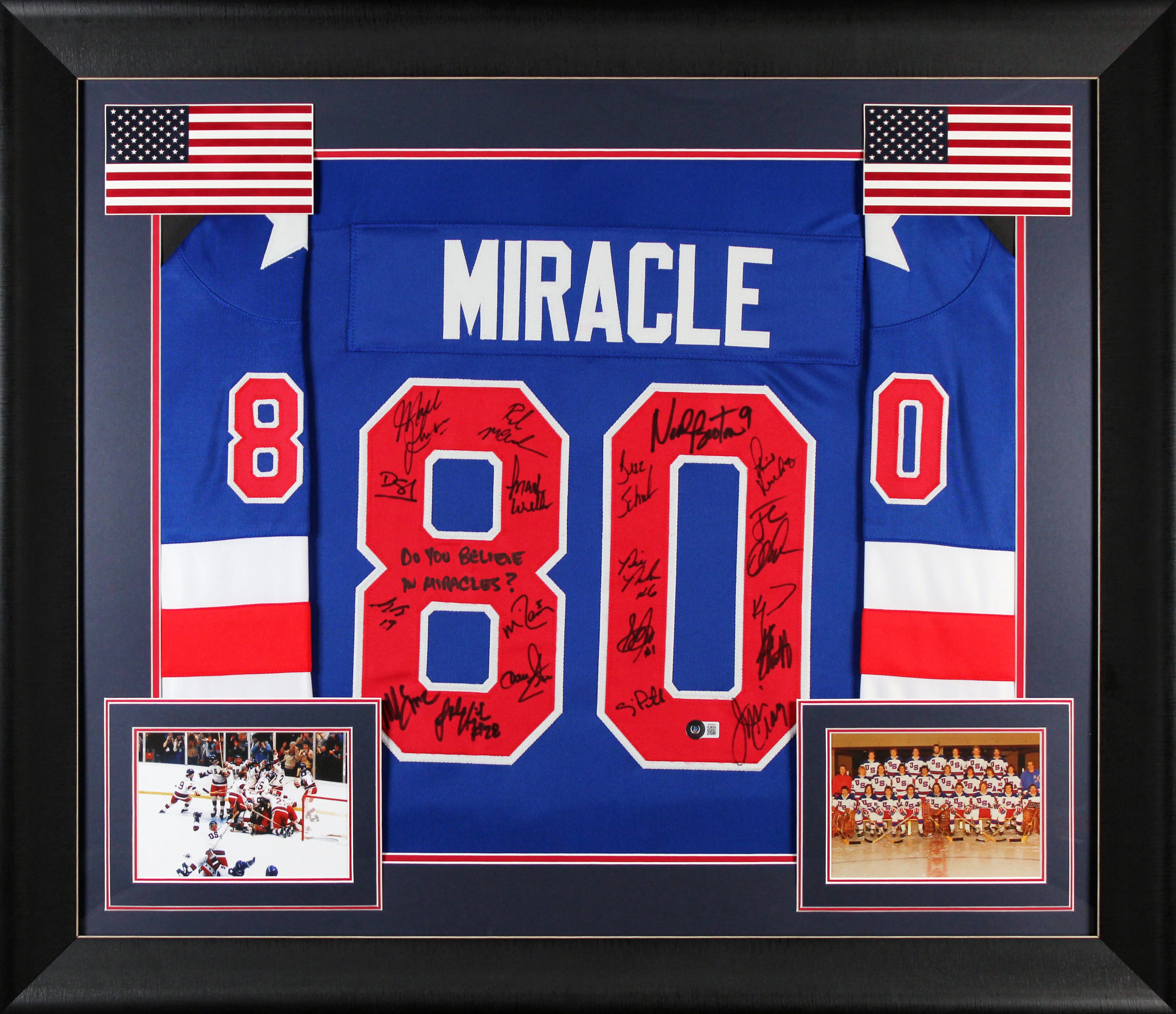 1980 USA Hockey 19 Autos Craig, Eruzione, Broten Signed Blue Framed Jersey BAS 2 - Image 2