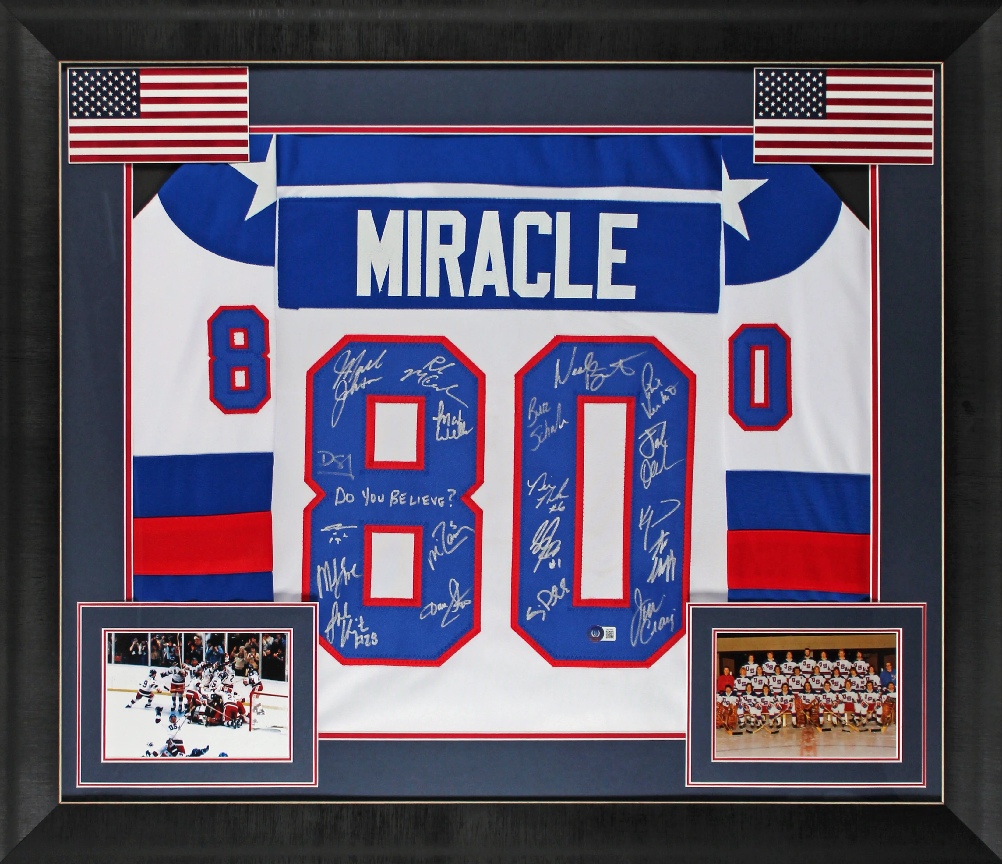 1980 USA Hockey 19 Autos Craig, Eruzione, Broten Signed White Framed Jersey BAS - Image 2