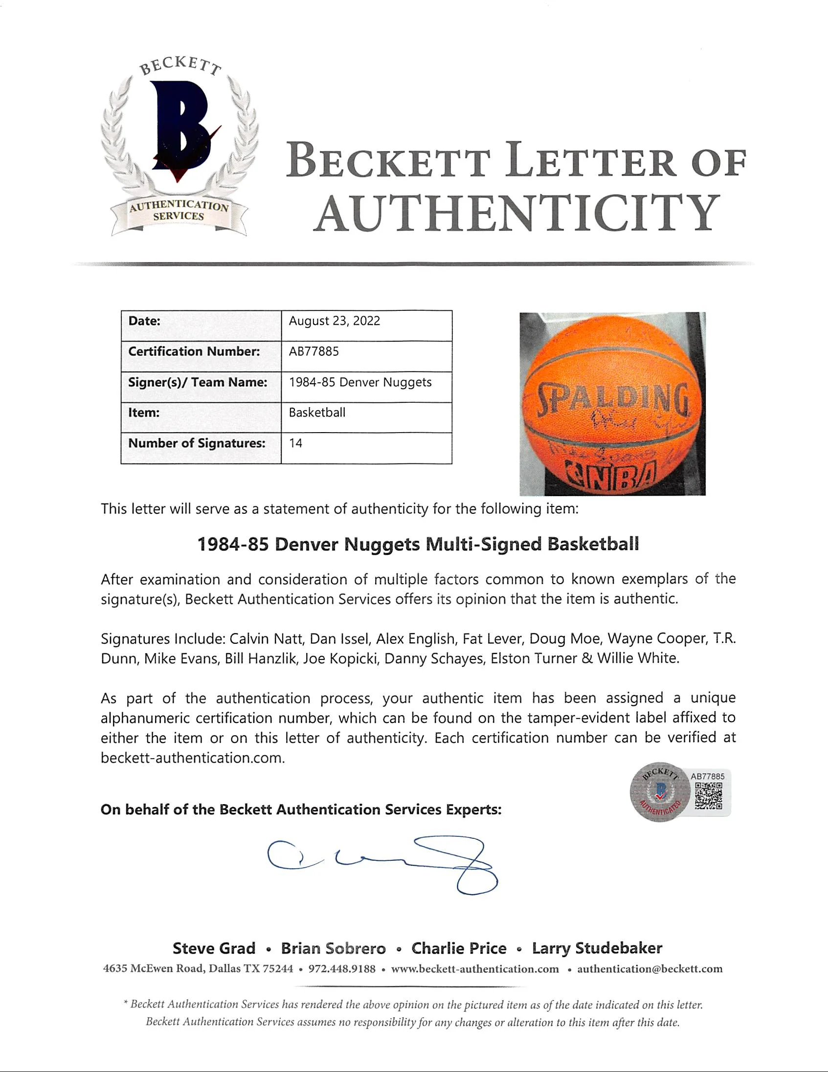 1984-85 Nuggets (14) English, Lever Signed Spalding Official NBA Basketball BAS - Image 5
