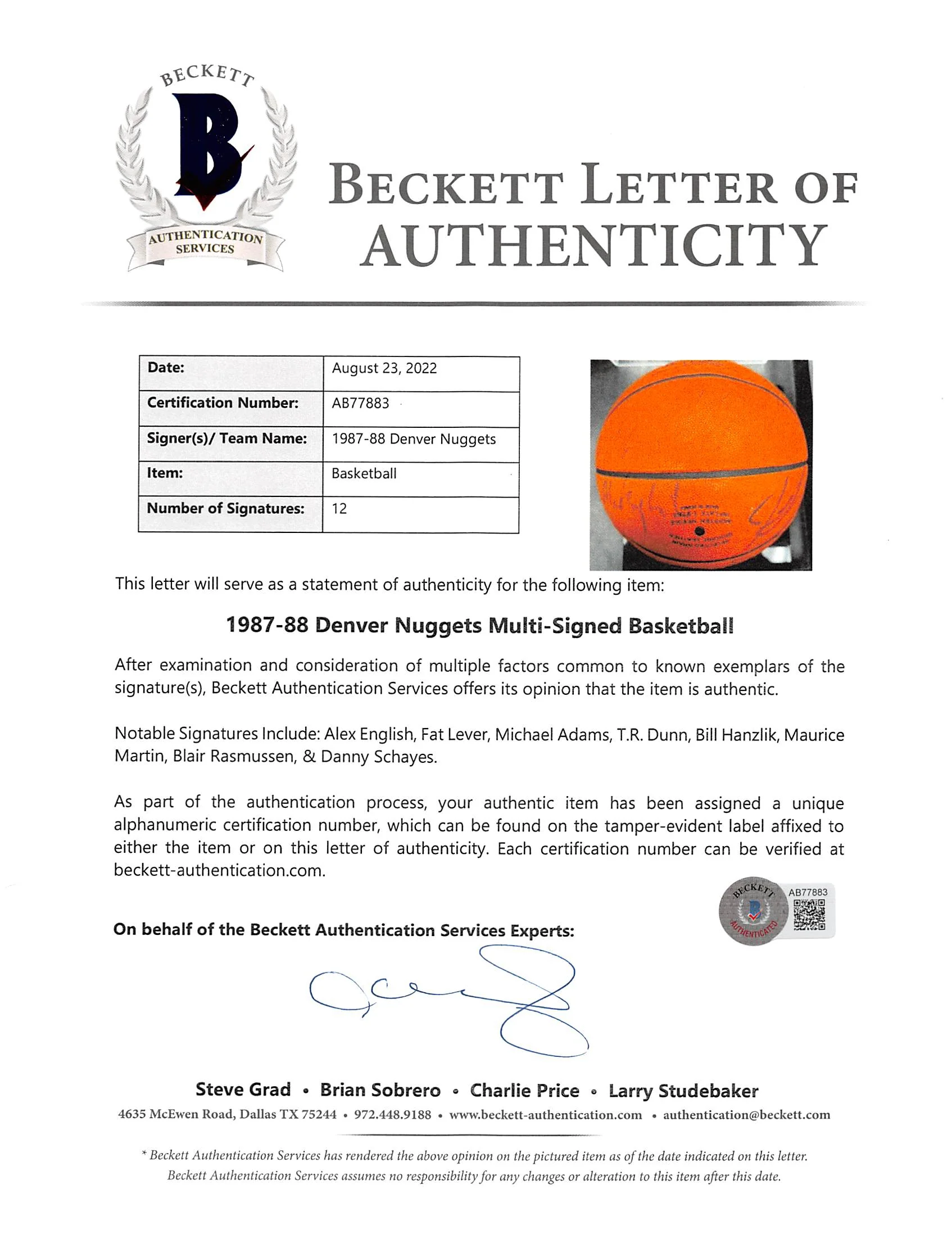 1987-88 Nuggets (12) English, Lever Signed Game Used Official NBA Basketball BAS - Image 7