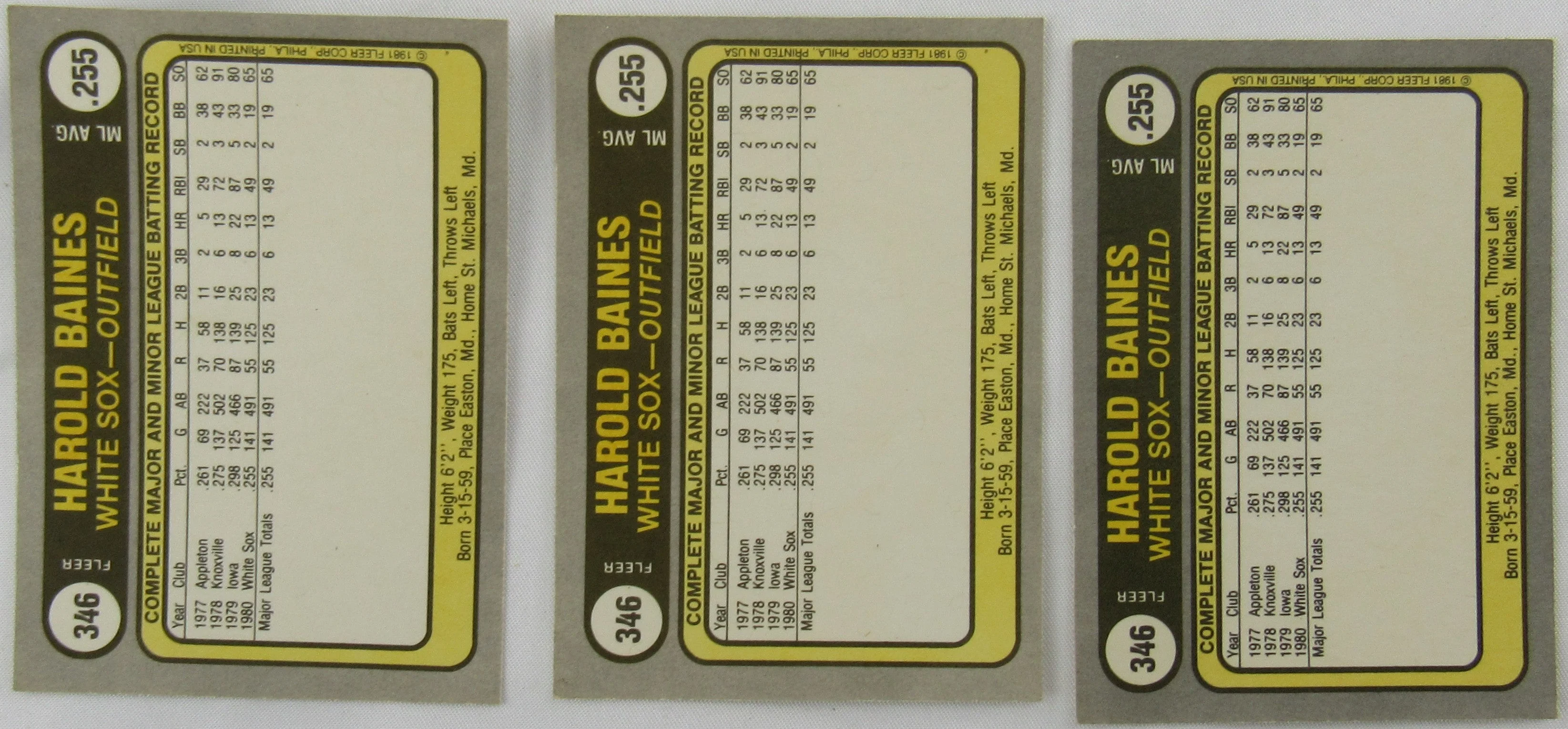 1981 Fleer Harold Baines Baseball Card Lot - 3 Total - Blackless Printing Error... - Image 2