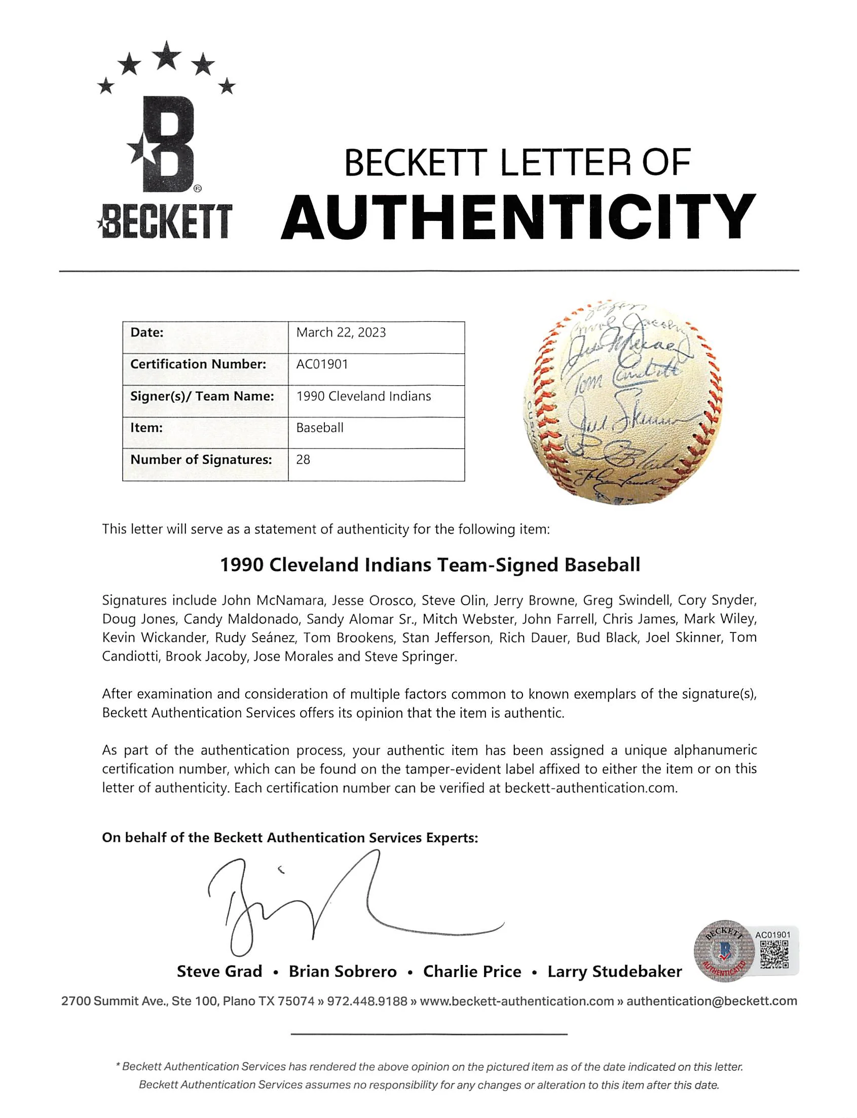 1990 Indians (28) Swindell, Alomar Sr., +26 Signed Oal Baseball BAS #AC01901 - Image 8
