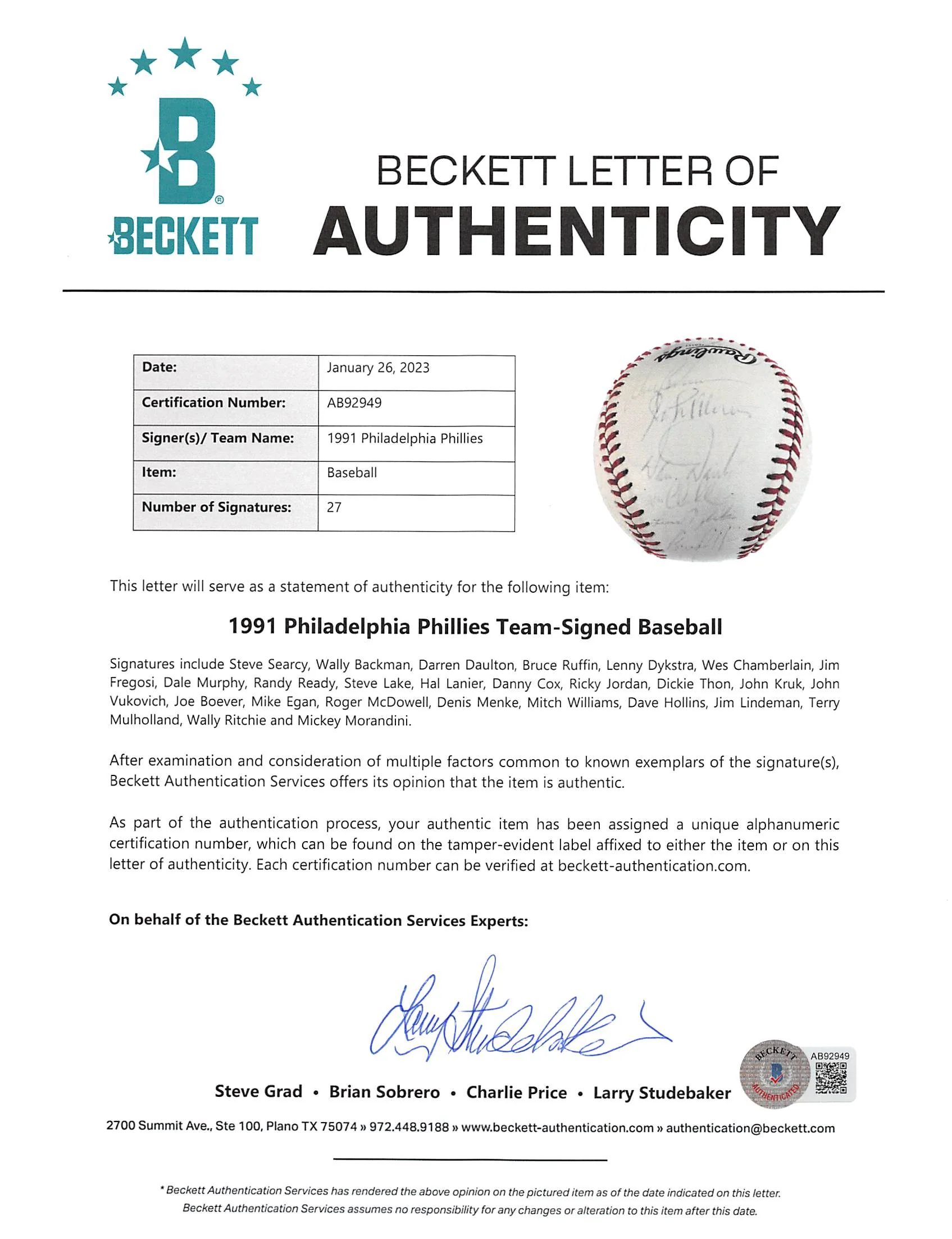 1991 Phillies (27) Daulton, Dykstra, Murphy +24 Signed Baseball BAS #AB92949 - Image 8