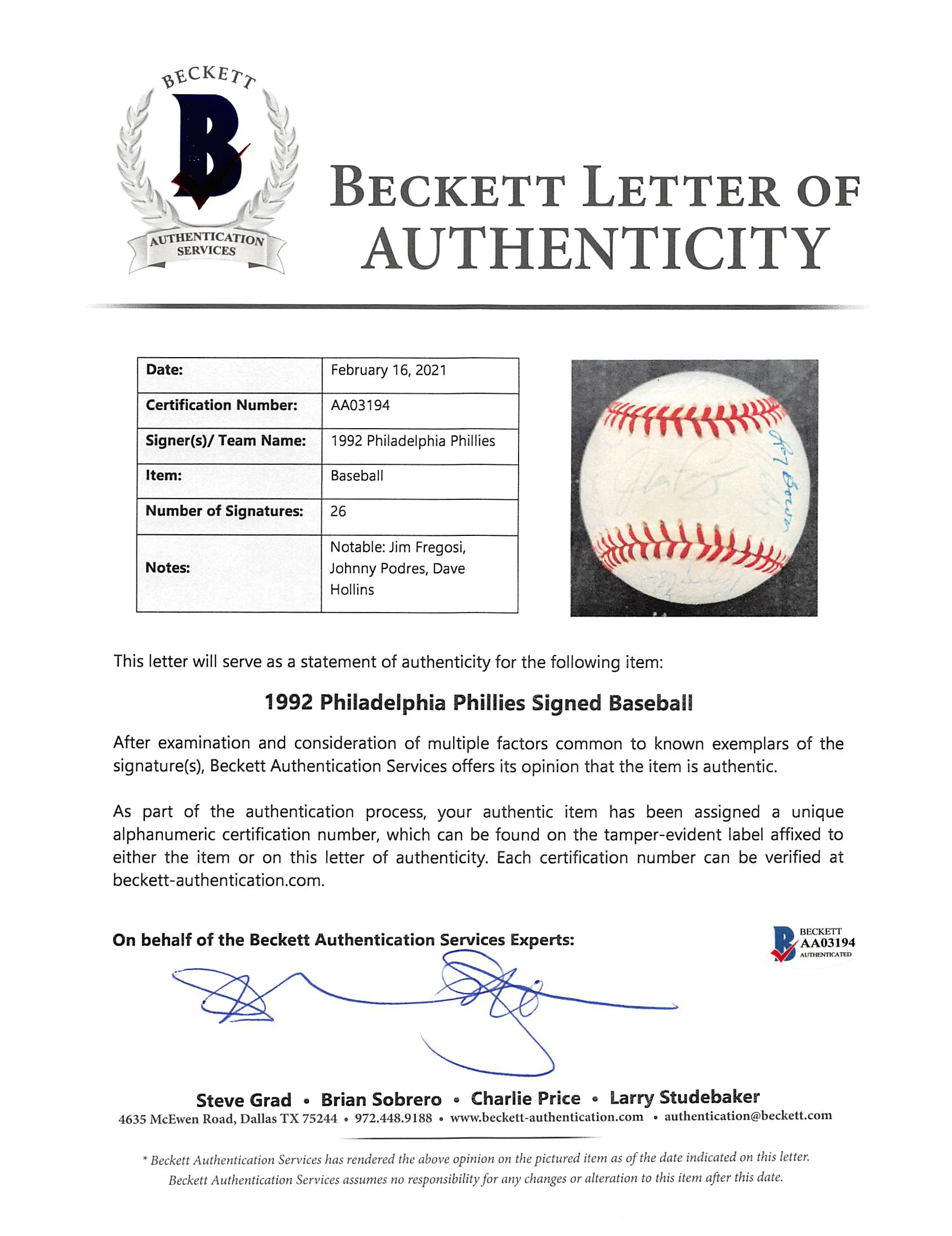 1992 (26) Phillies Fregosi, Podres & Hollins Signed Oal Baseball BAS #AA03194 - Image 9