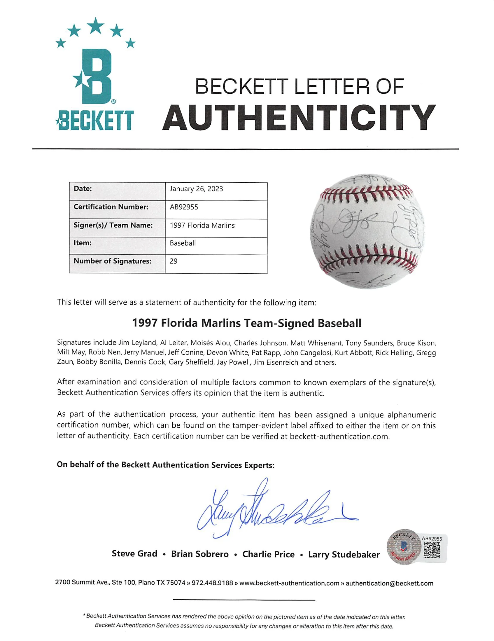 1997 Marlins (27) Leyland, Bonilla, Sheffield +24 Signed Baseball BAS #AB92955 - Image 8