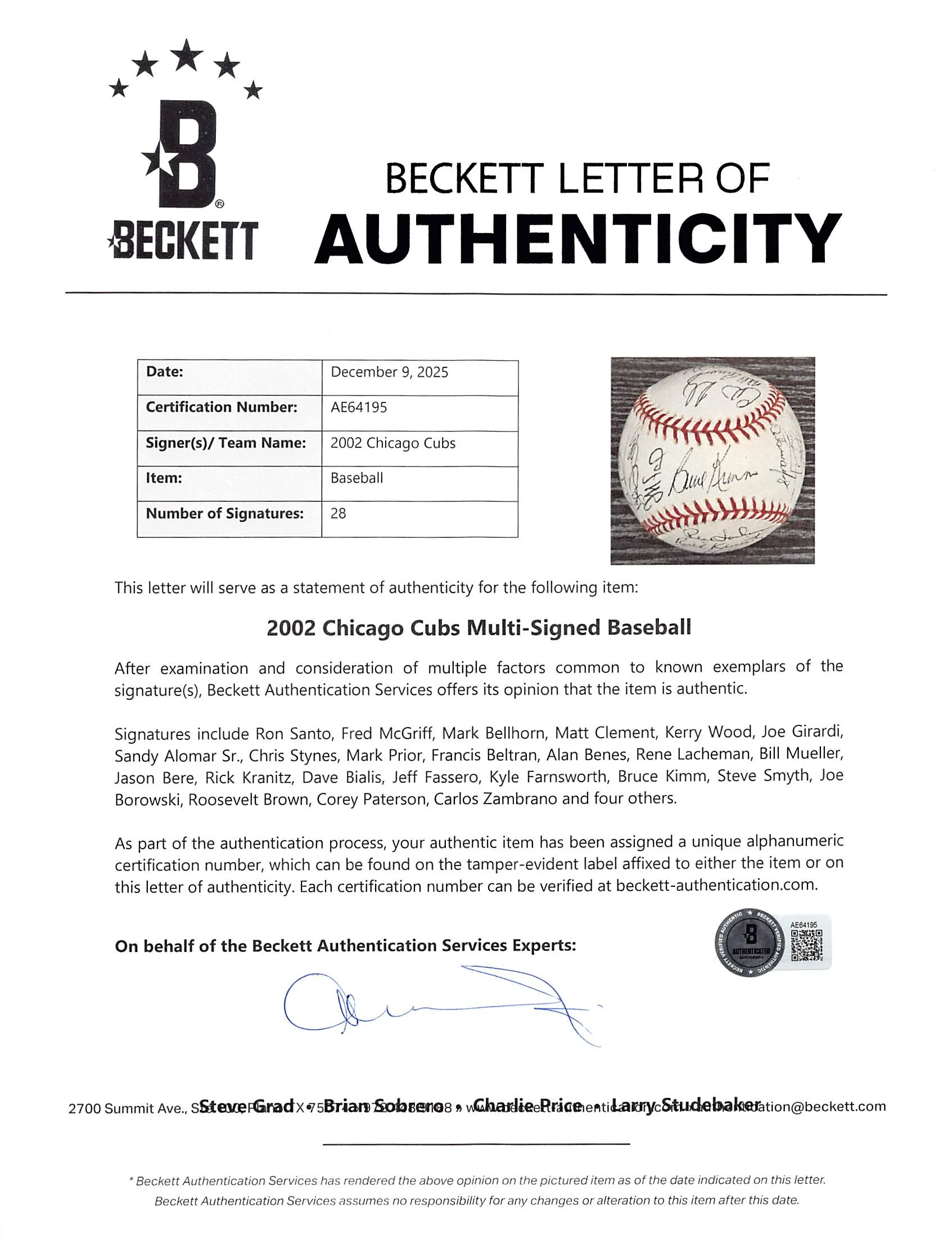 2002 Cubs (28) Santo, McGriff, Bellhorn +25 Signed OML Baseball BAS #AE64195 - Image 9