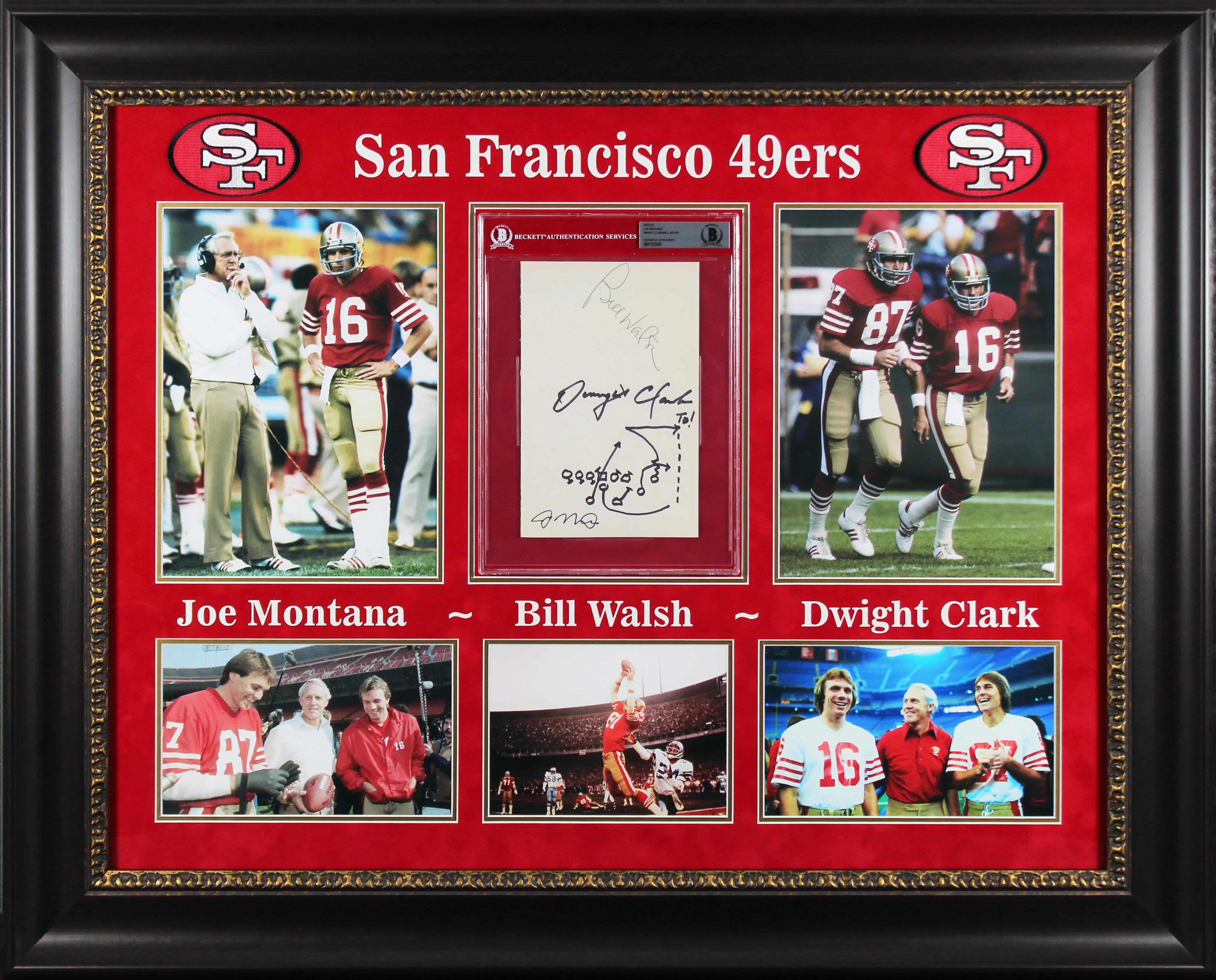 (3) Montana, Walsh & Clark Signed Framed Display w/ Hand Drawn Play BAS Slab - Image 2
