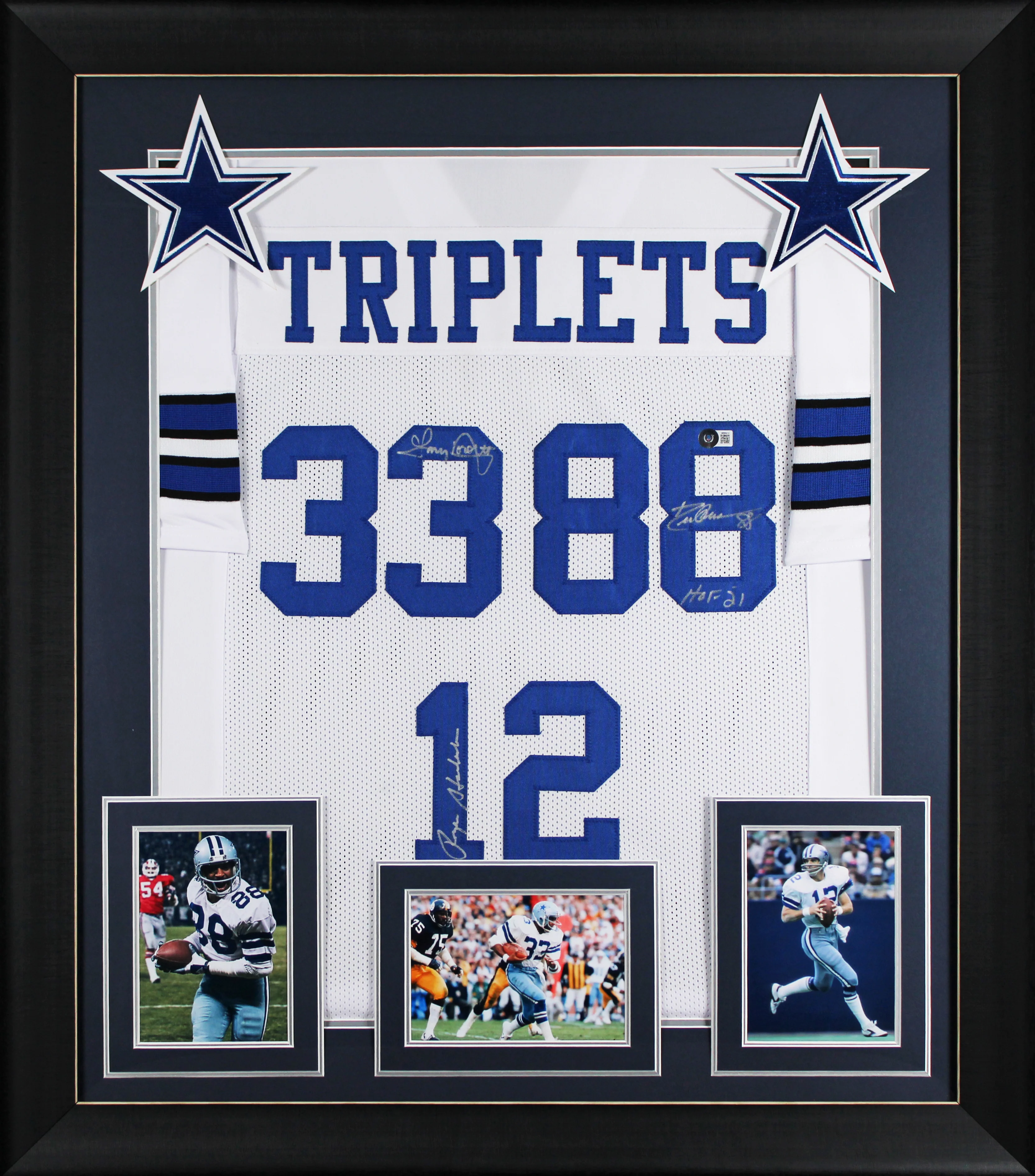 (3) Staubach, Dorsett & Pearson Signed White Pro Style Framed Jersey BAS Witness - Image 2