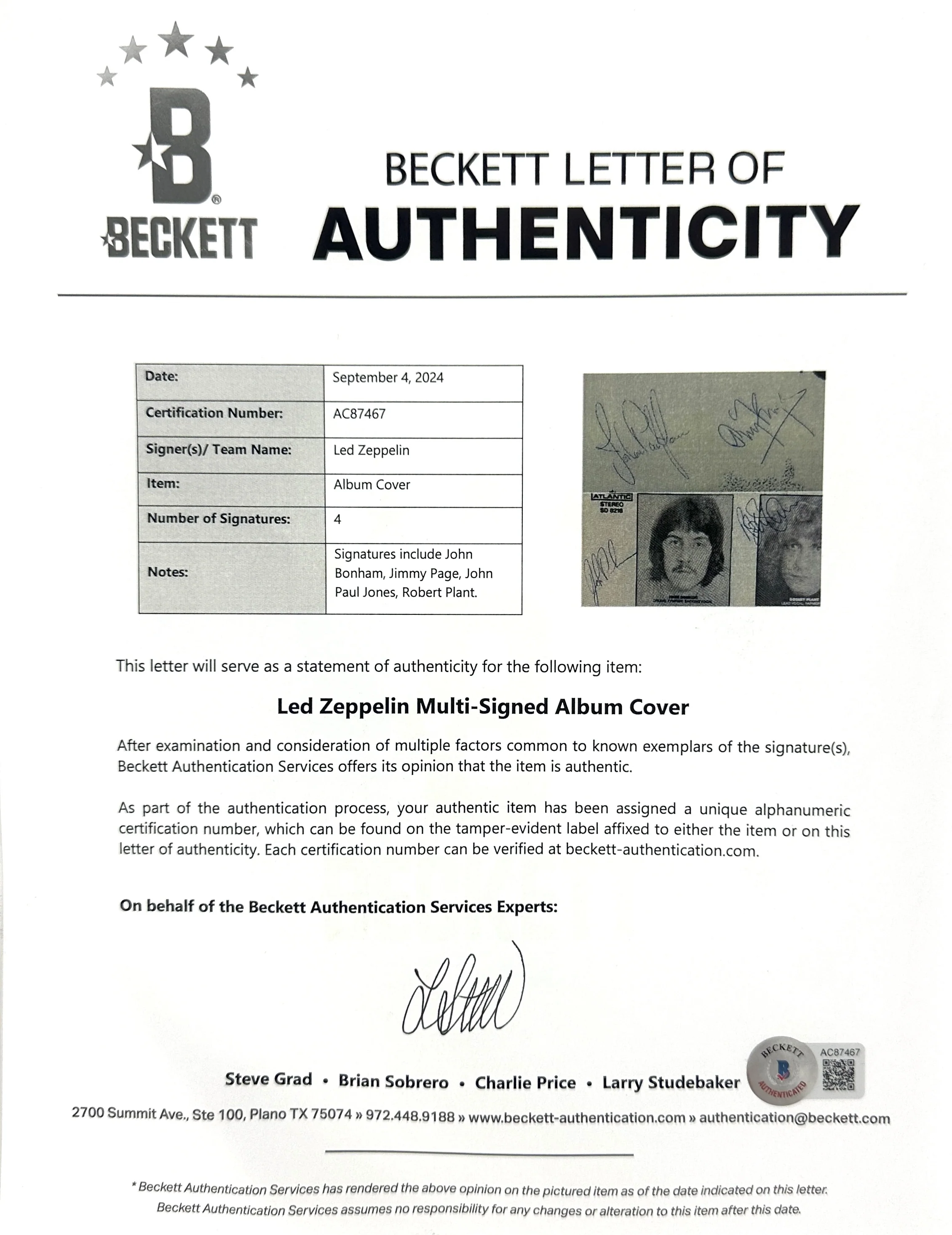 (4) Page, Plant, Bonham & Jones Signed Led Zepplin I Album Cover w Vinyl BAS JSA - Image 10