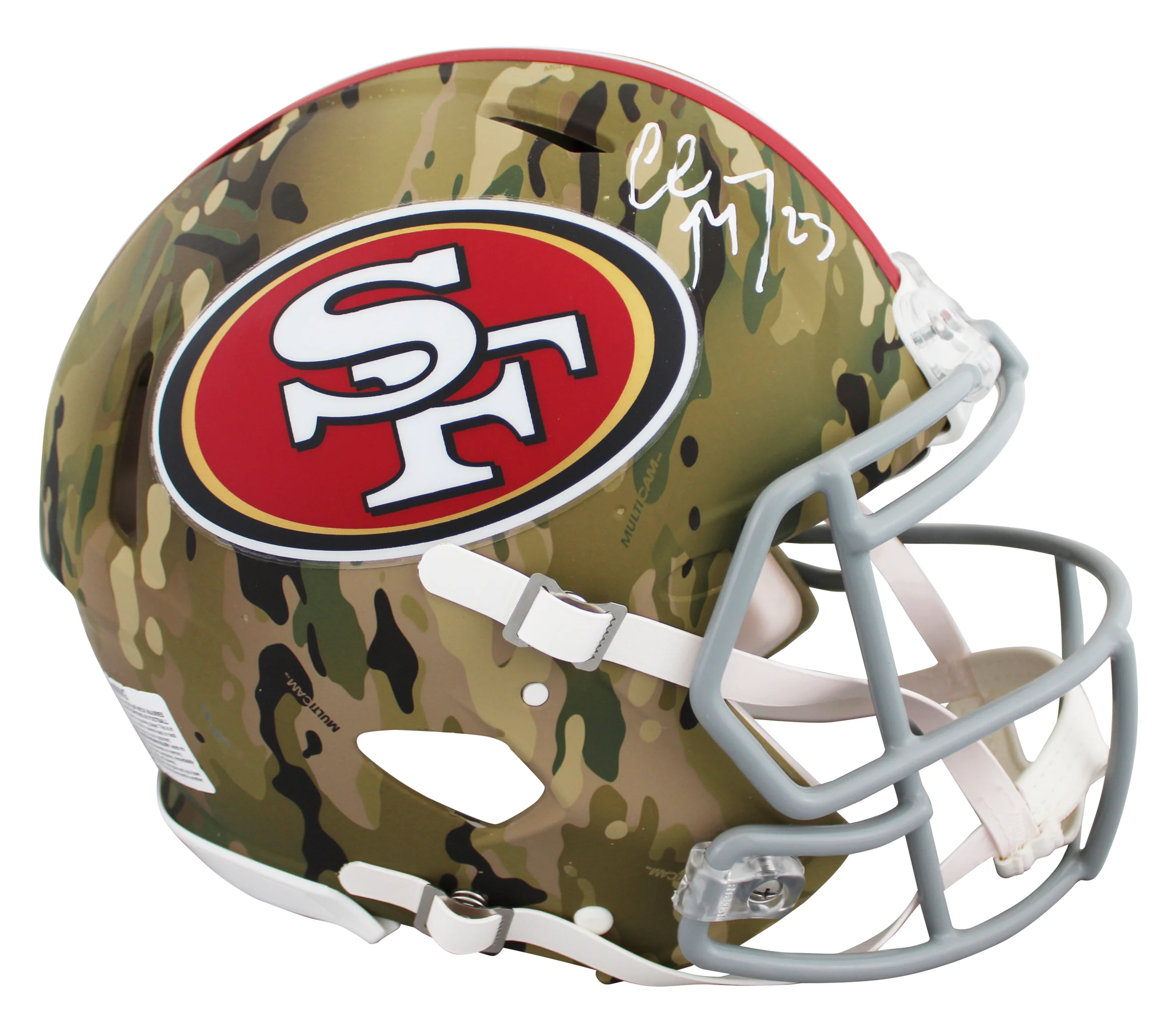 49ers Christian McCaffrey Signed Camo Full Size Speed Proline Helmet W/ Case BAS - Image 3