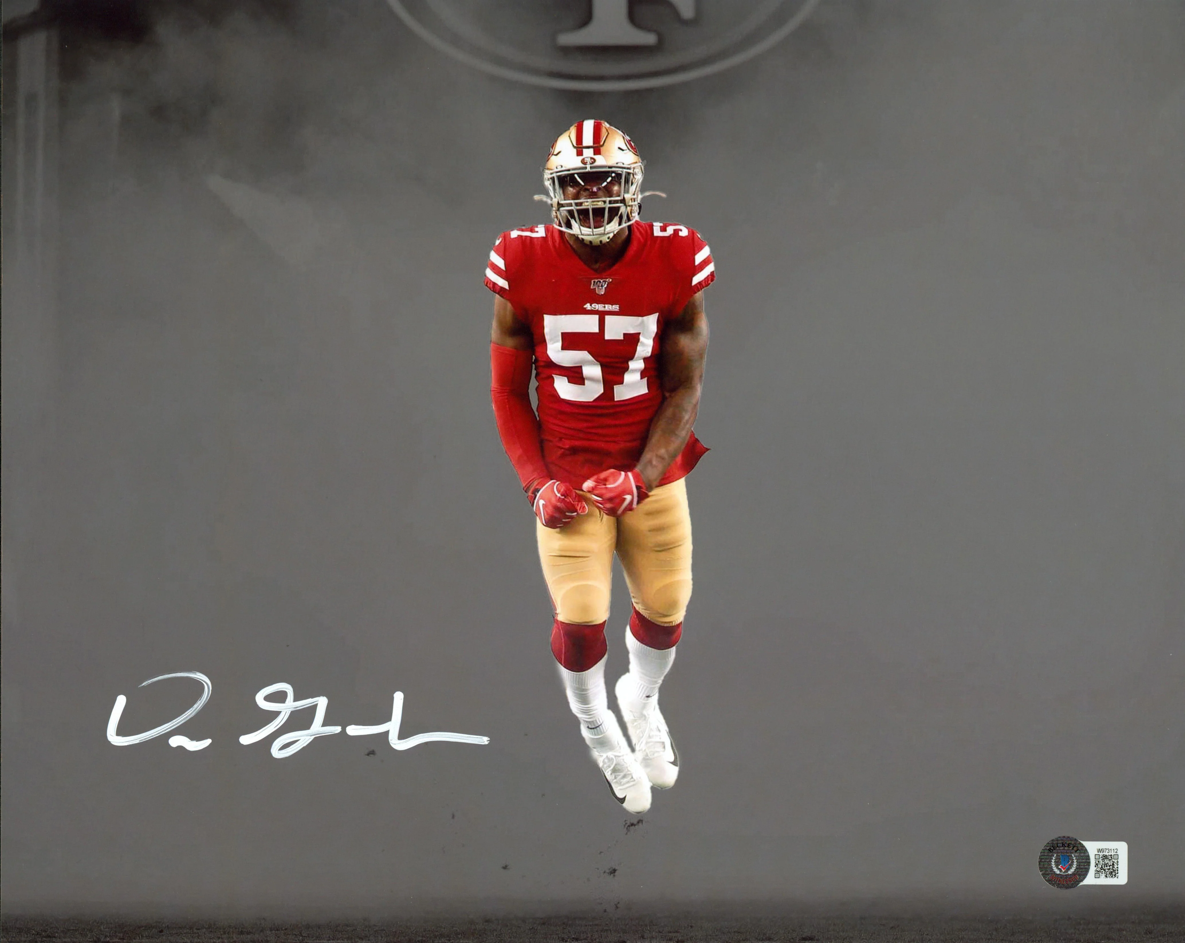 49ers Dre Greenlaw Signed 11x14 Horizontal Smoke Spotlight Photo BAS Witnessed - Image 2