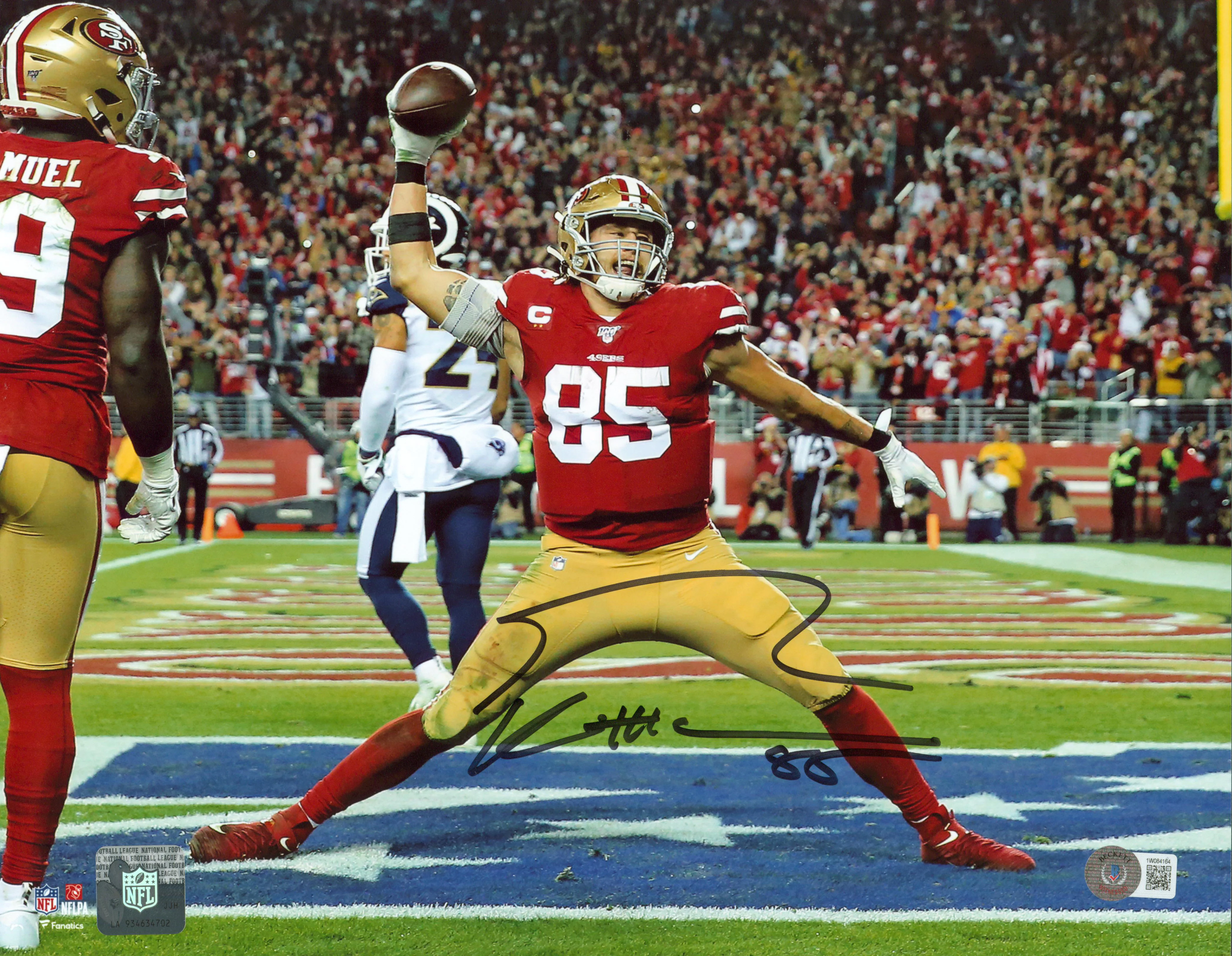 49ers George Kittle Signed 11x14 Horizontal TD Photo w/ Black Sig BAS Witnessed - Image 2