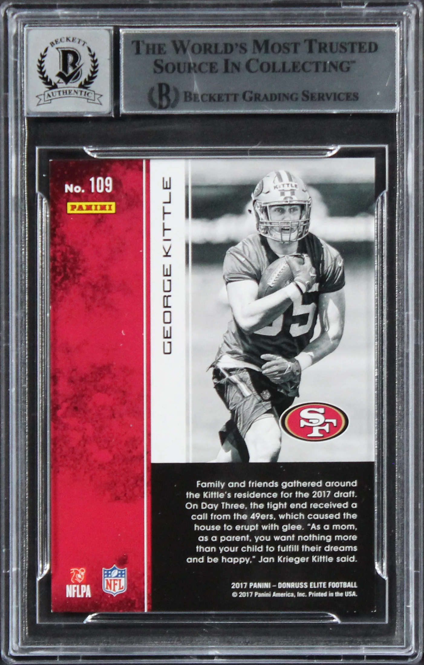 49ers George Kittle Signed 2017 Elite #109 Rookie Card Auto 10! BAS Slabbed 2 - Image 3
