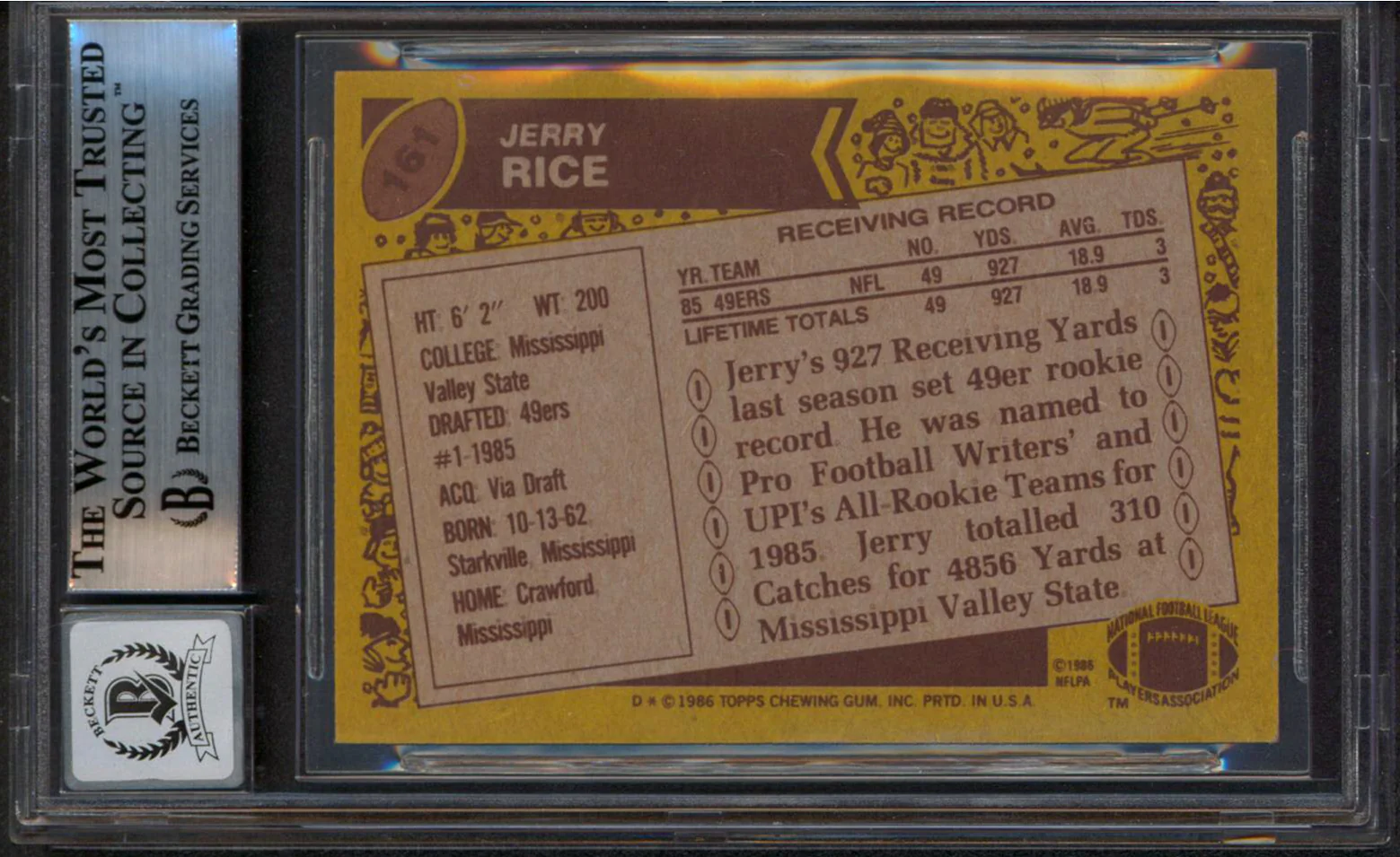 49ers Jerry Rice "HOF 2010" Signed 1986 Topps #161 RC Card Auto 10 BAS Slabbed - Image 3