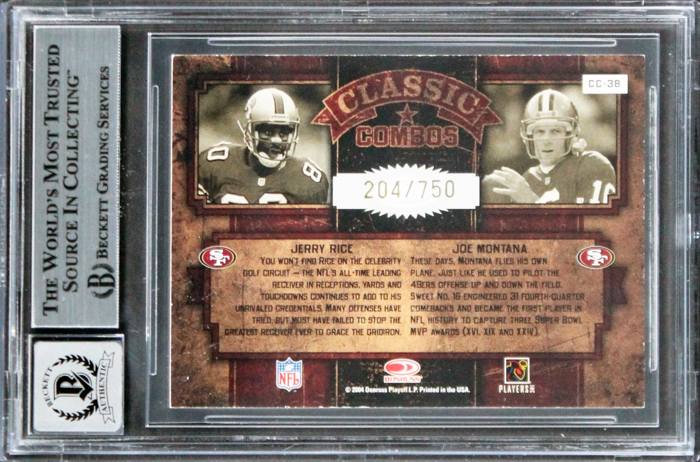 49ers Jerry Rice & Joe Montana Signed 2004 Donruss #C38 Card Auto 10 BAS Slabbed - Image 3