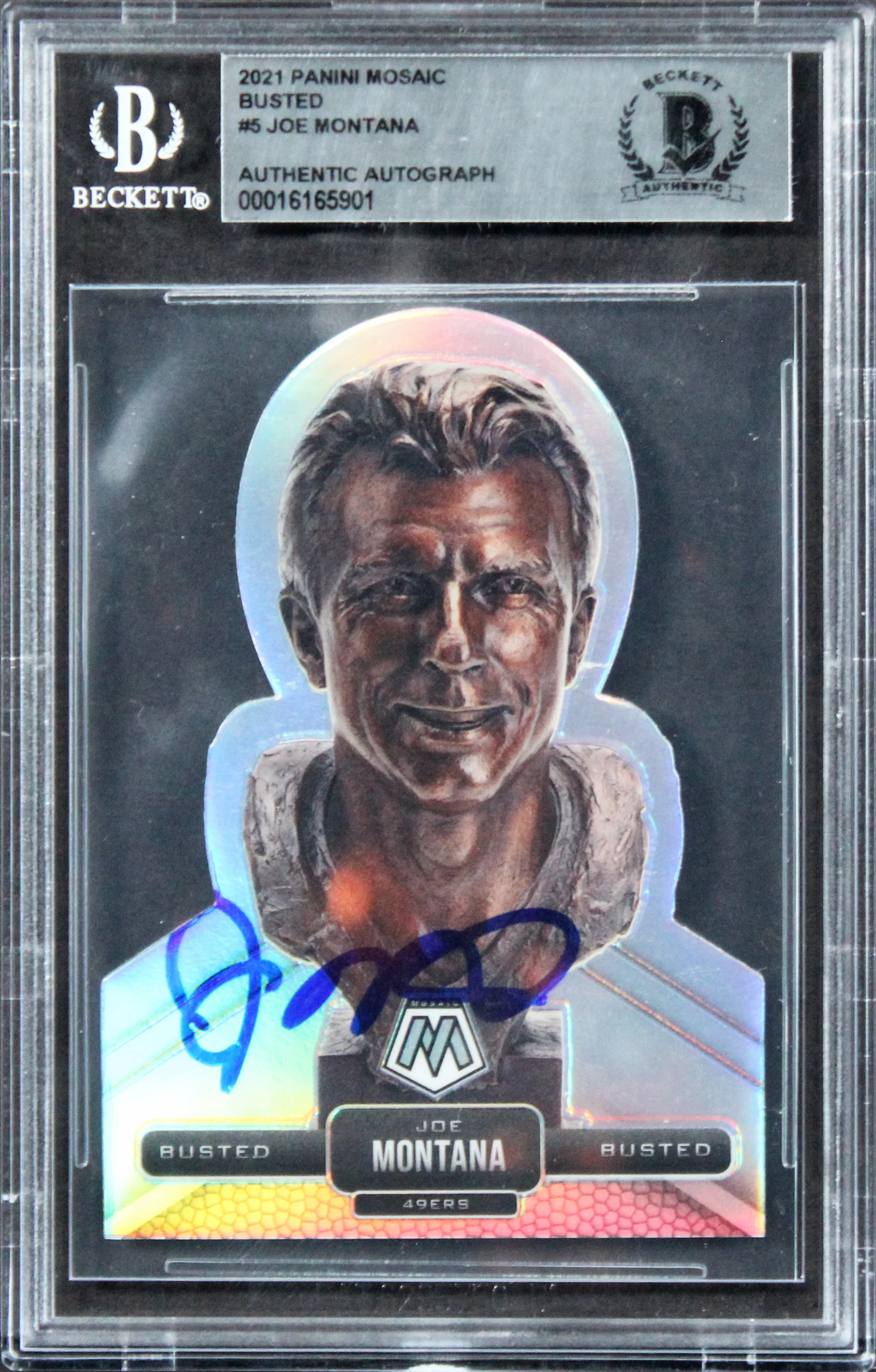 49ers Joe Montana Authentic Signed 2021 Panini Mosaic Busted #5 Card BAS Slabbed - Image 2