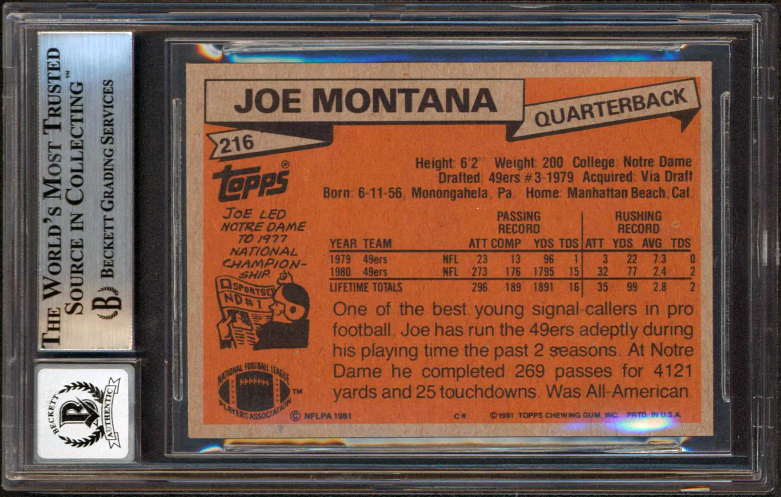 49ers Joe Montana "HOF 2000" Signed 1981 Topps #216 RC Card Auto 10! BAS Slab 3 - Image 3