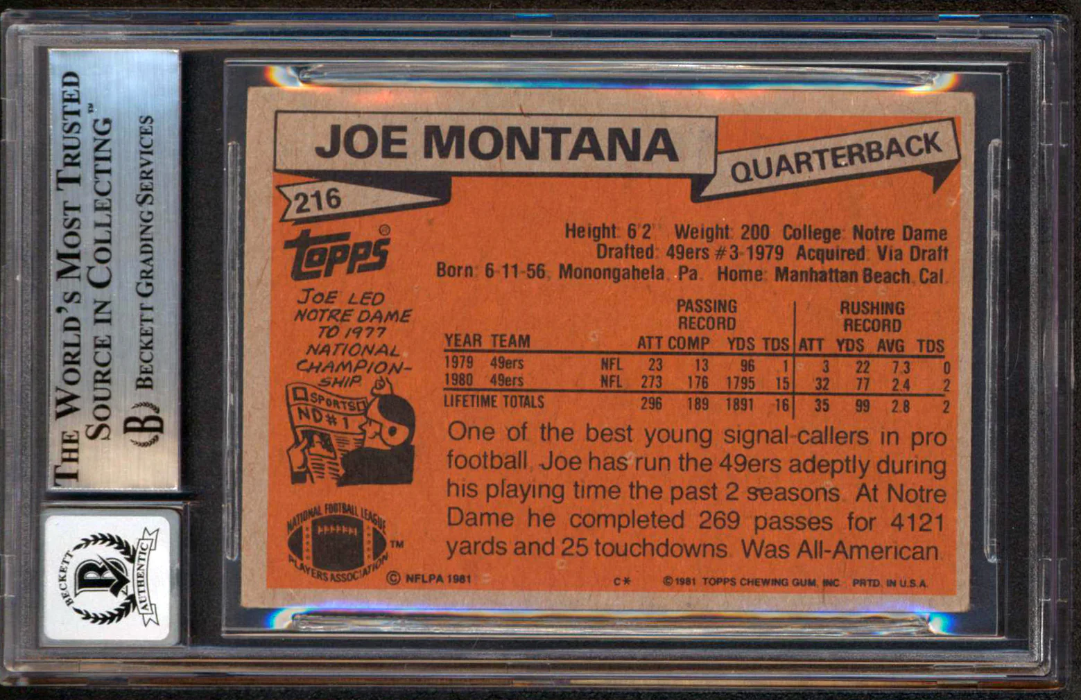 49ers Joe Montana "HOF 2000" Signed 1981 Topps #216 RC Card Auto 10! BAS Slab 4 - Image 3