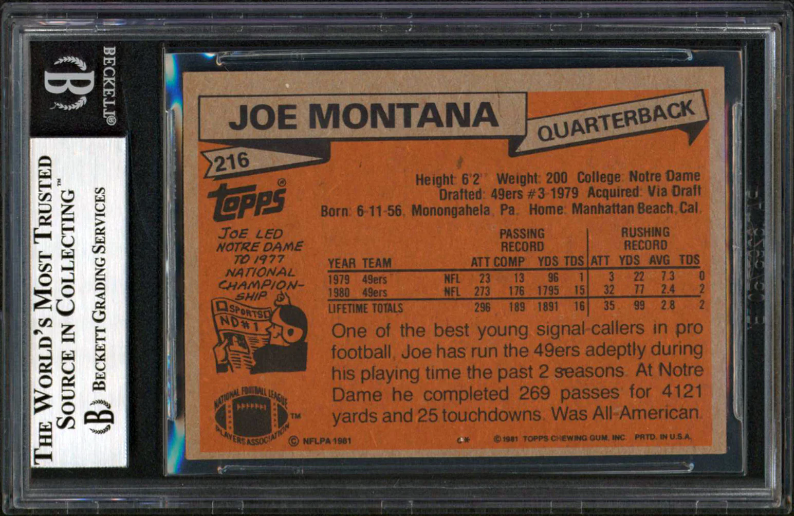 49ers Joe Montana "HOF 2000" Signed 1981 Topps #216 Rookie Card BAS Slabbed 1 - Image 3