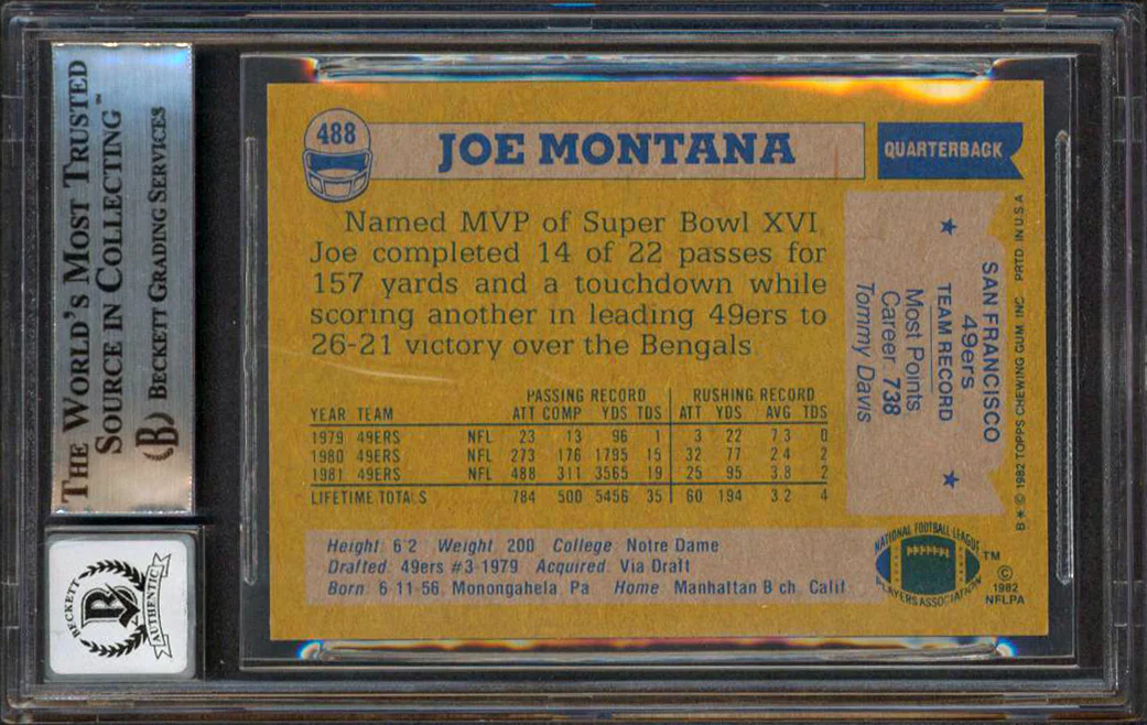 49ers Joe Montana Signed 1982 Topps #488 Card Auto Graded 10! BAS Slabbed - Image 3