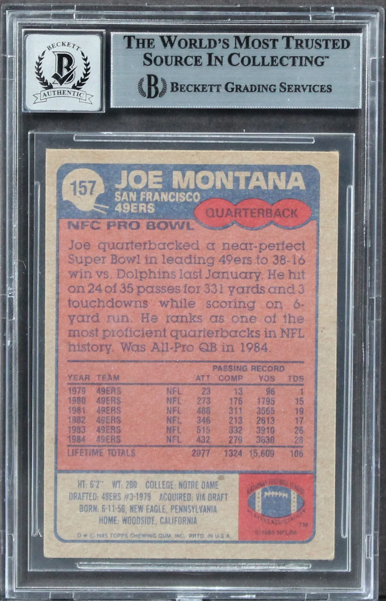 49ers Joe Montana Signed 1985 Topps #157 Card Auto Graded Gem Mint 10! BAS Slab - Image 3