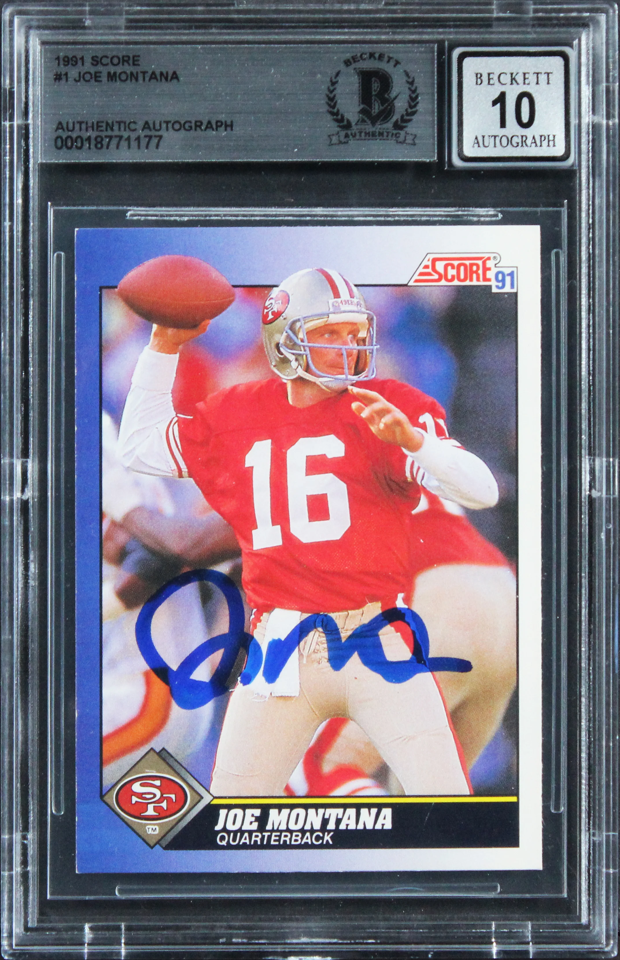 49ers Joe Montana Signed 1991 Score #1 Card Auto Grade Gem Mint 10! BAS Slabbed - Image 2