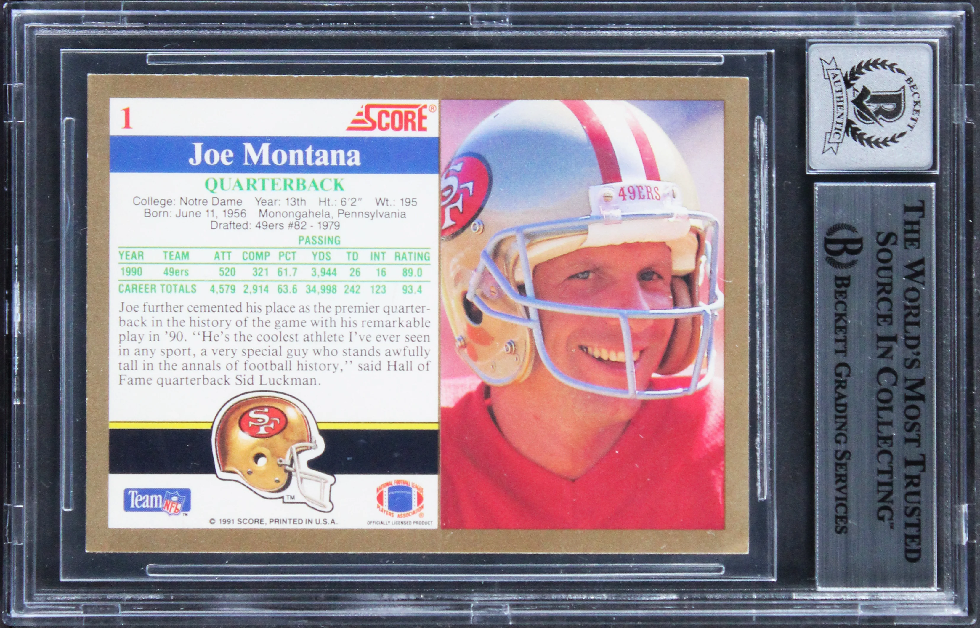 49ers Joe Montana Signed 1991 Score #1 Card Auto Grade Gem Mint 10! BAS Slabbed - Image 3