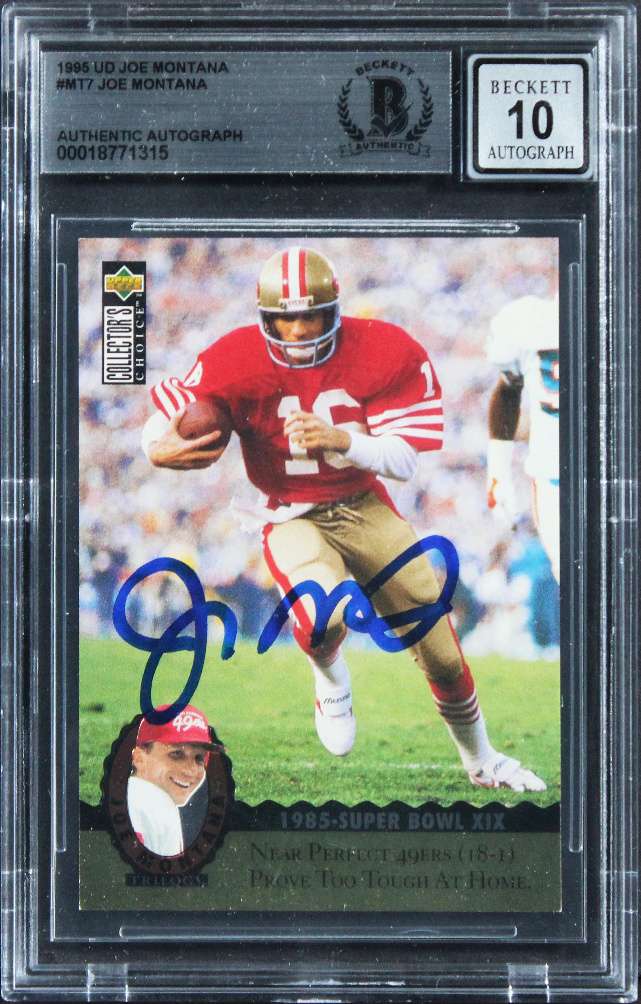 49ers Joe Montana Signed 1995 UD Joe Montana #MT7 Card Auto Grade 10! BAS Slab - Image 2