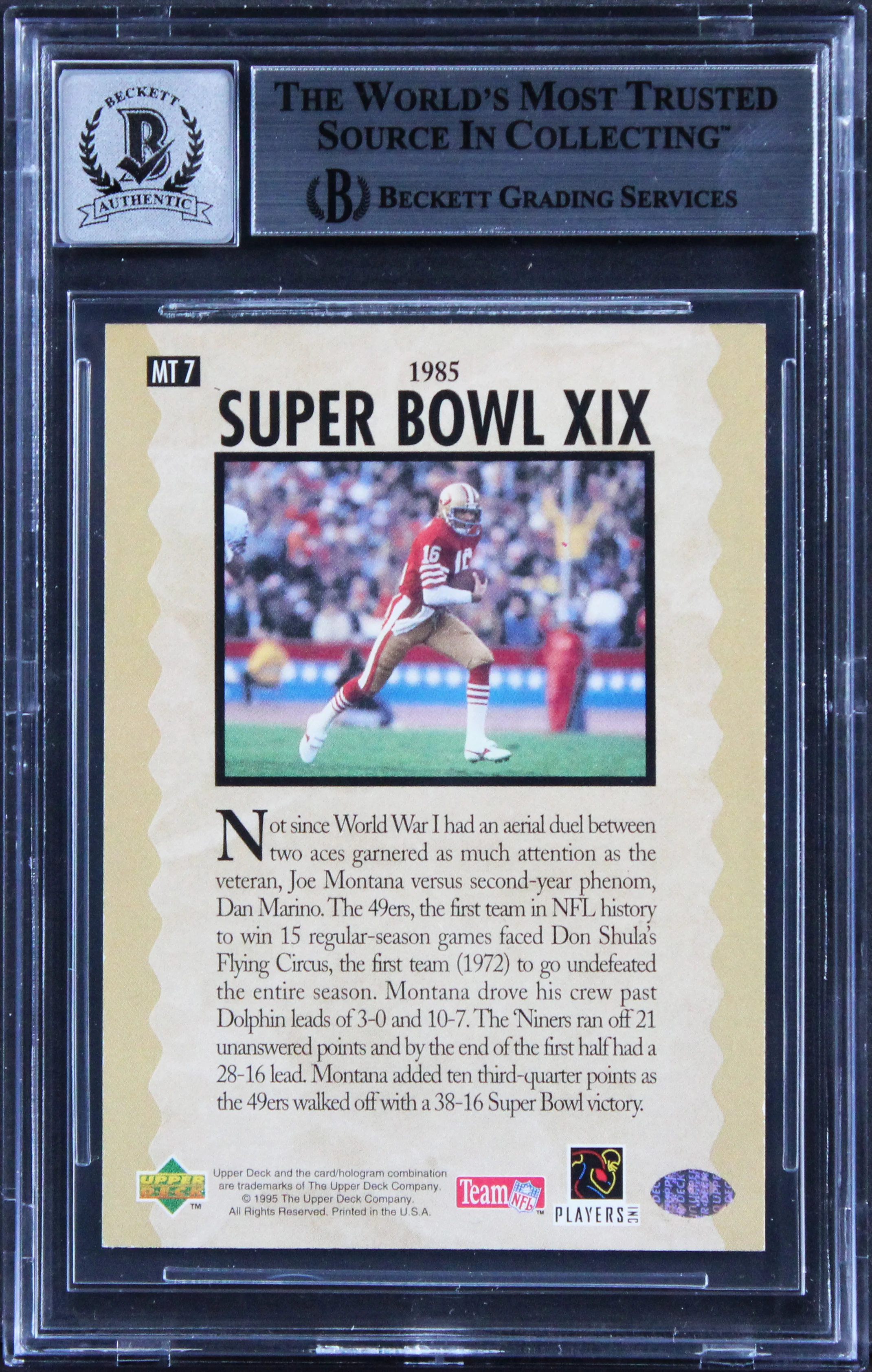 49ers Joe Montana Signed 1995 UD Joe Montana #MT7 Card Auto Grade 10! BAS Slab - Image 3