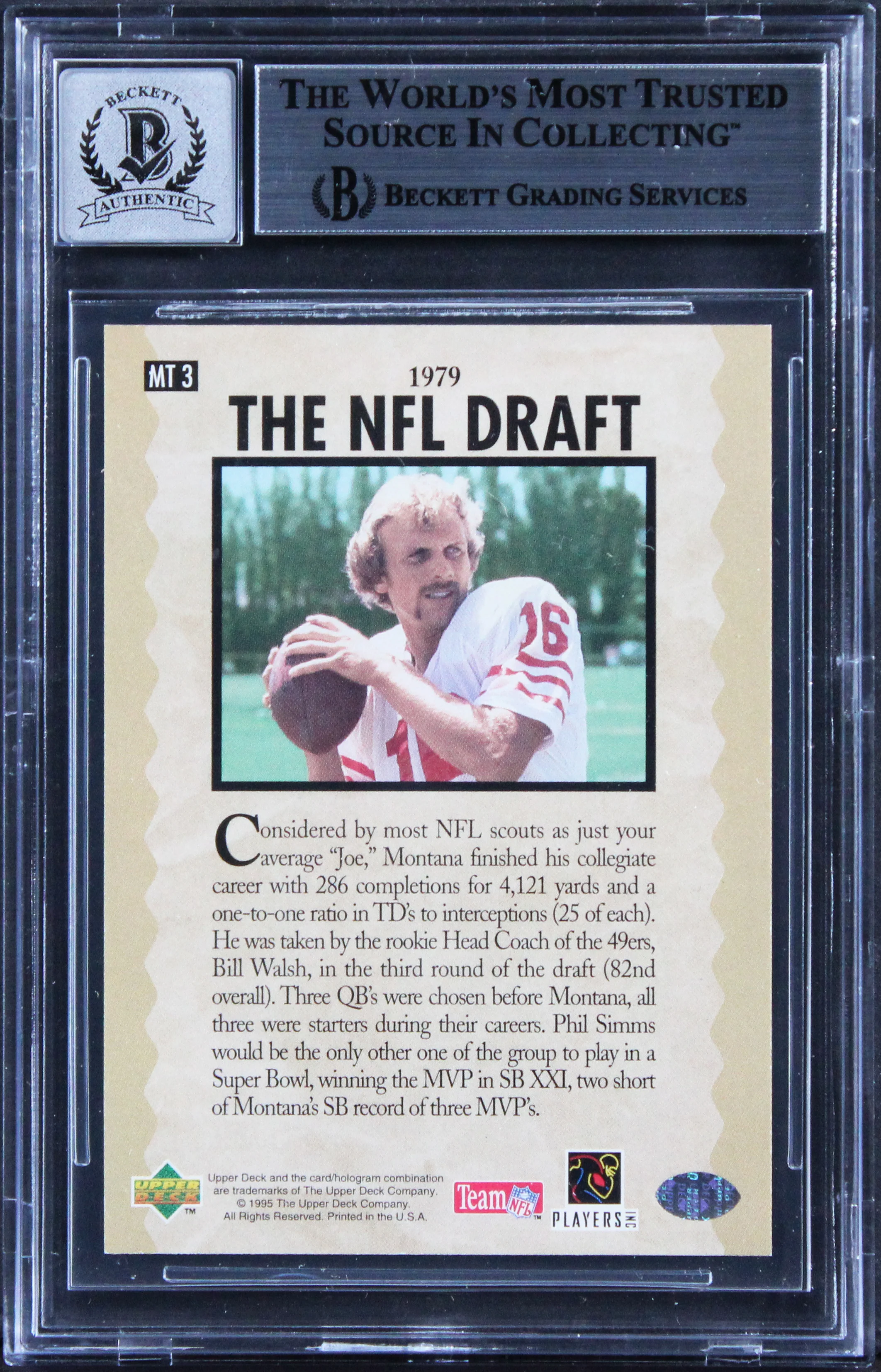 49ers Joe Montana Signed 1995 UD Joe Montana Trilogy #MT3 Card Auto 10! BAS Slab - Image 3