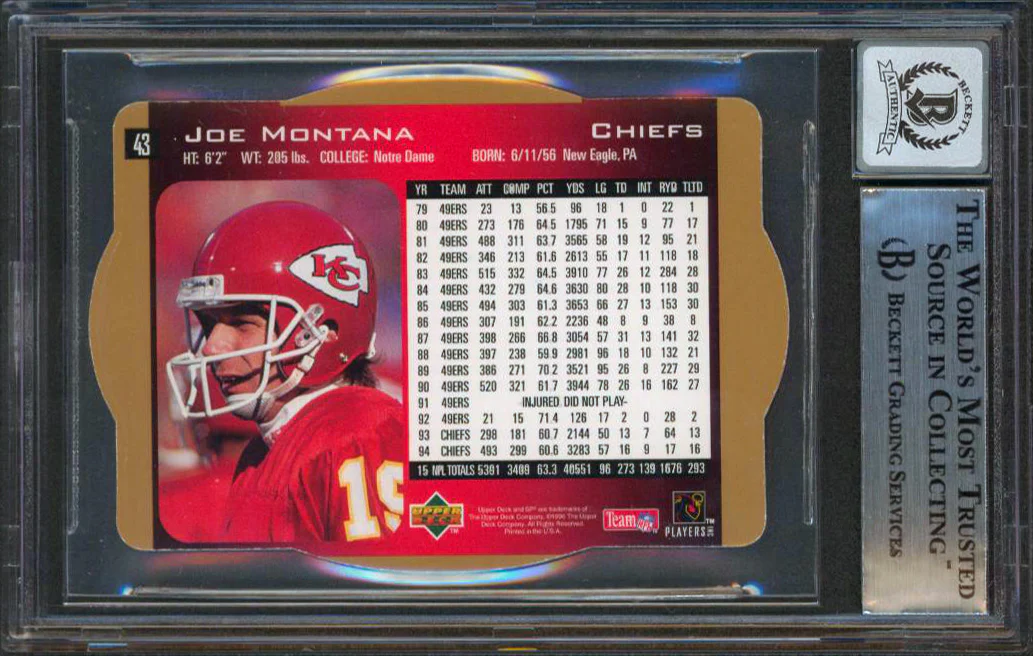 49ers Joe Montana Signed 1996 SPX Gold #43 Card Auto Graded Gem 10! BAS Slabbed - Image 3