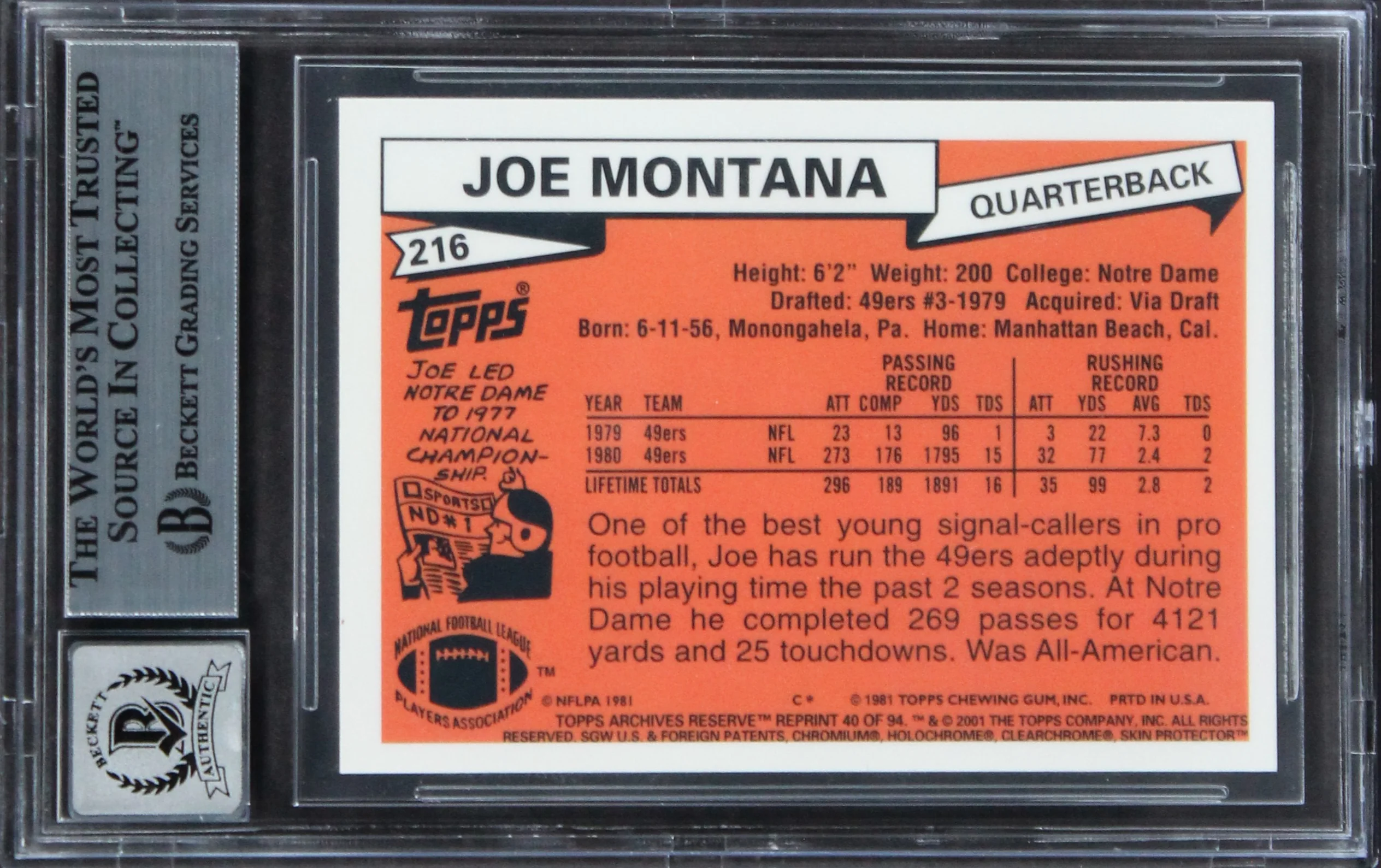 49ers Joe Montana Signed 2001 Topps Archives Reserve #40 Card Auto 10 BAS Slab - Image 3