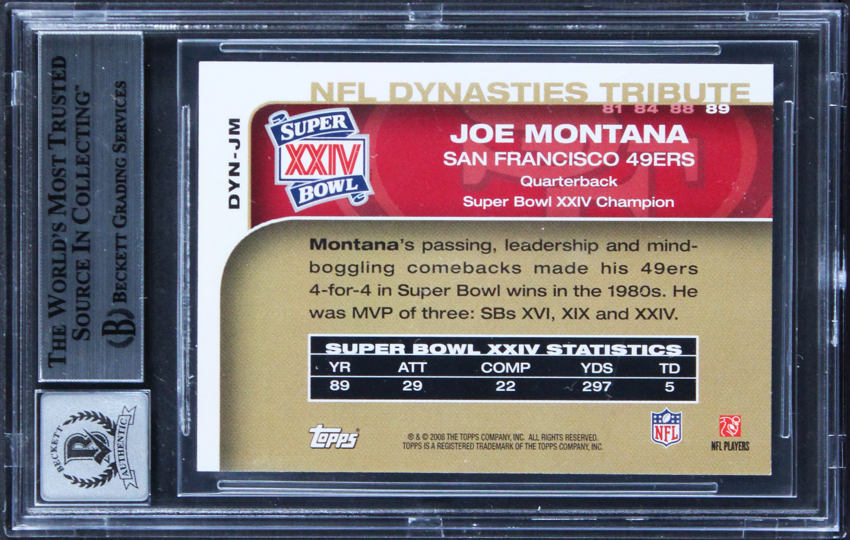 49ers Joe Montana Signed 2008 Topps Dynasties #DYNJM Card Auto 10! BAS Slabbed - Image 3