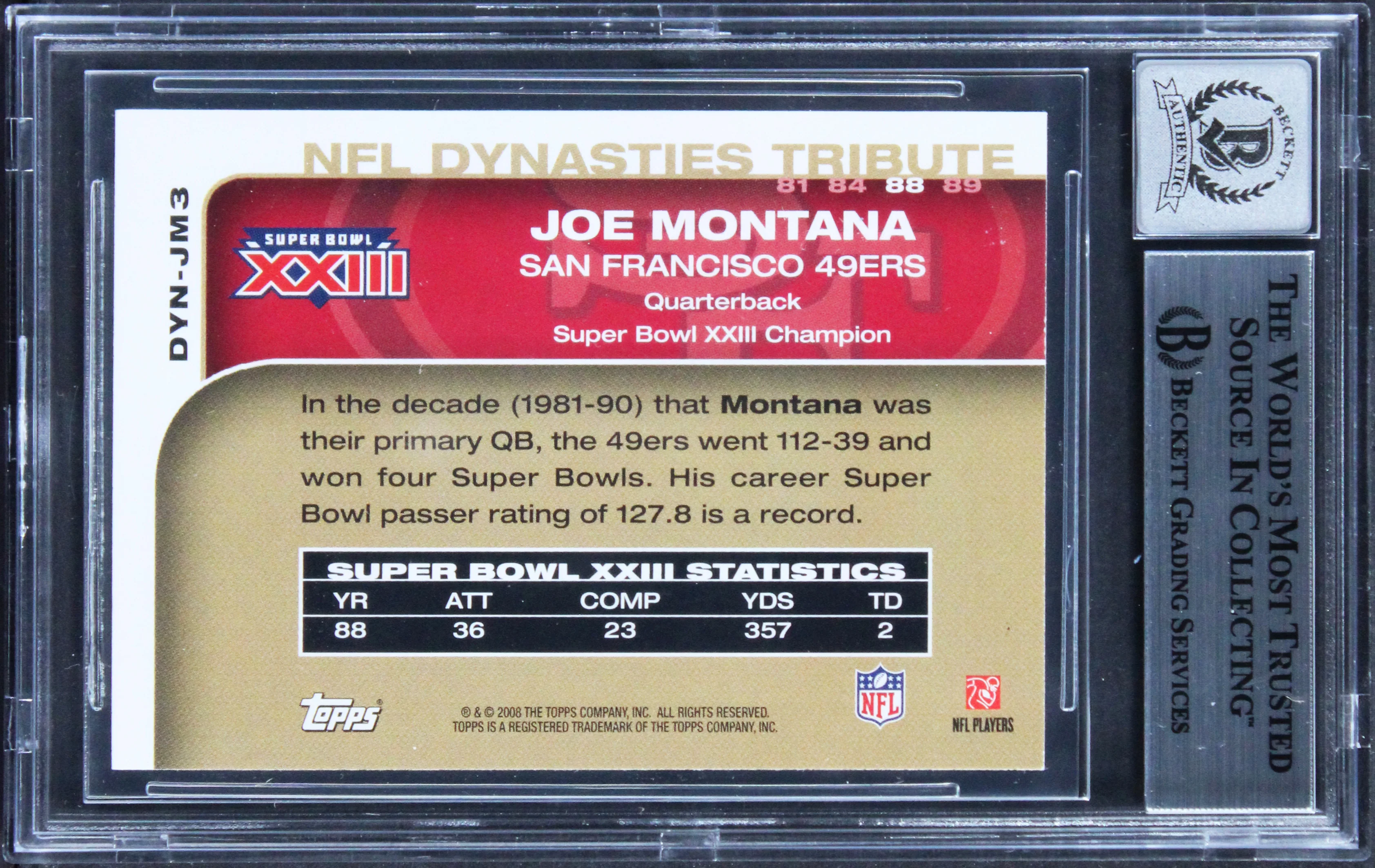 49ers Joe Montana Signed 2008 Topps Dynasties #DYNJM3 Card Auto 10! BAS Slabbed - Image 3