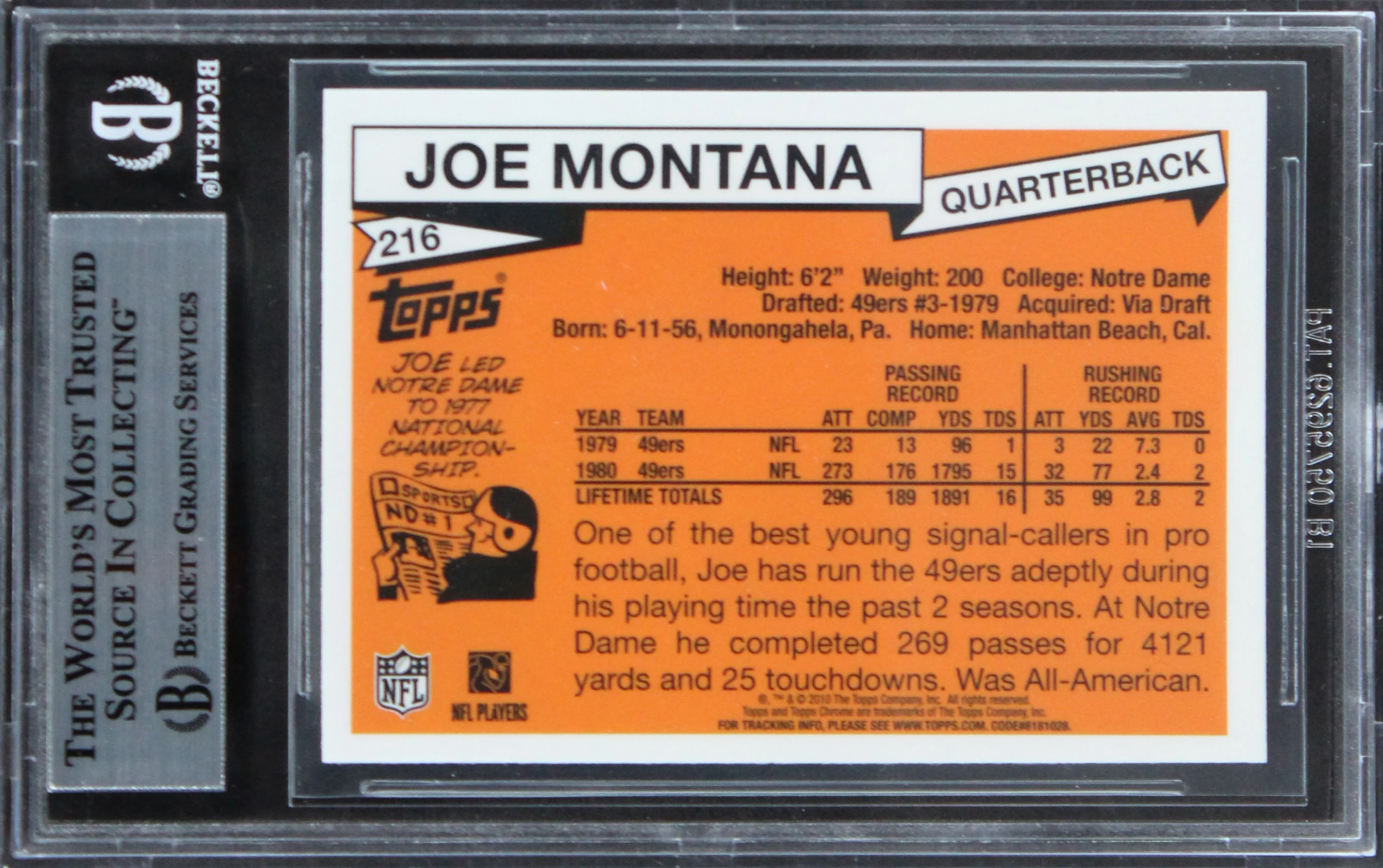 49ers Joe Montana Signed 2012 Topps Chrome Rookie Reprint #216 Card BAS Slabbed - Image 3