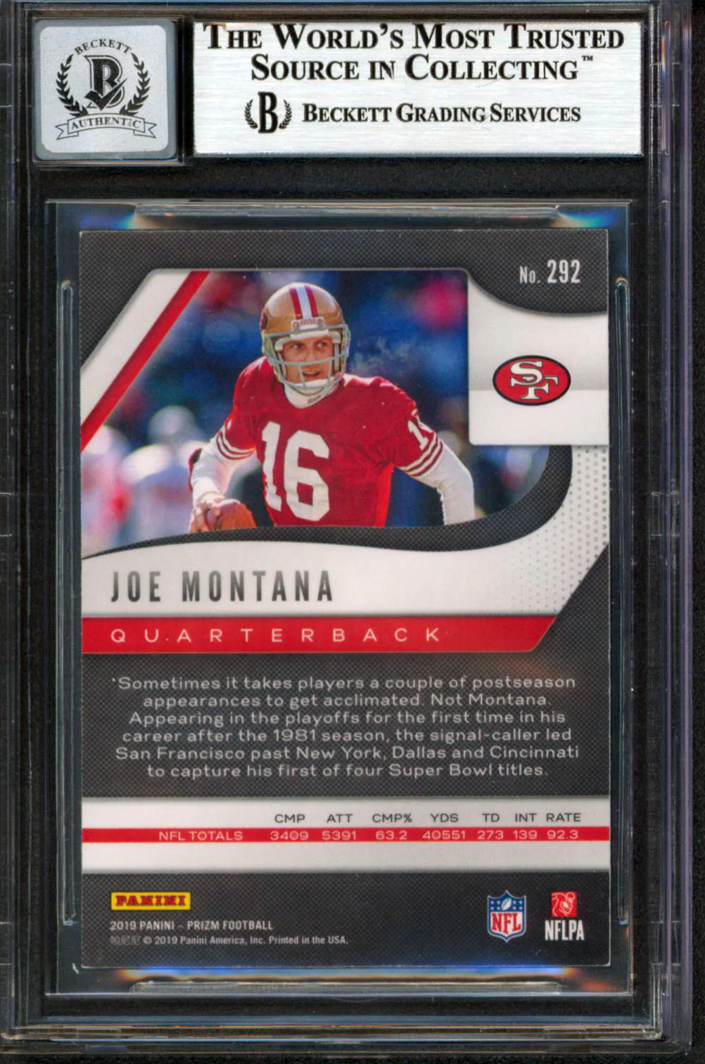 49ers Joe Montana Signed 2019 Panini Prizm #292 Card Auto Graded 10! BAS Slabbed - Image 3