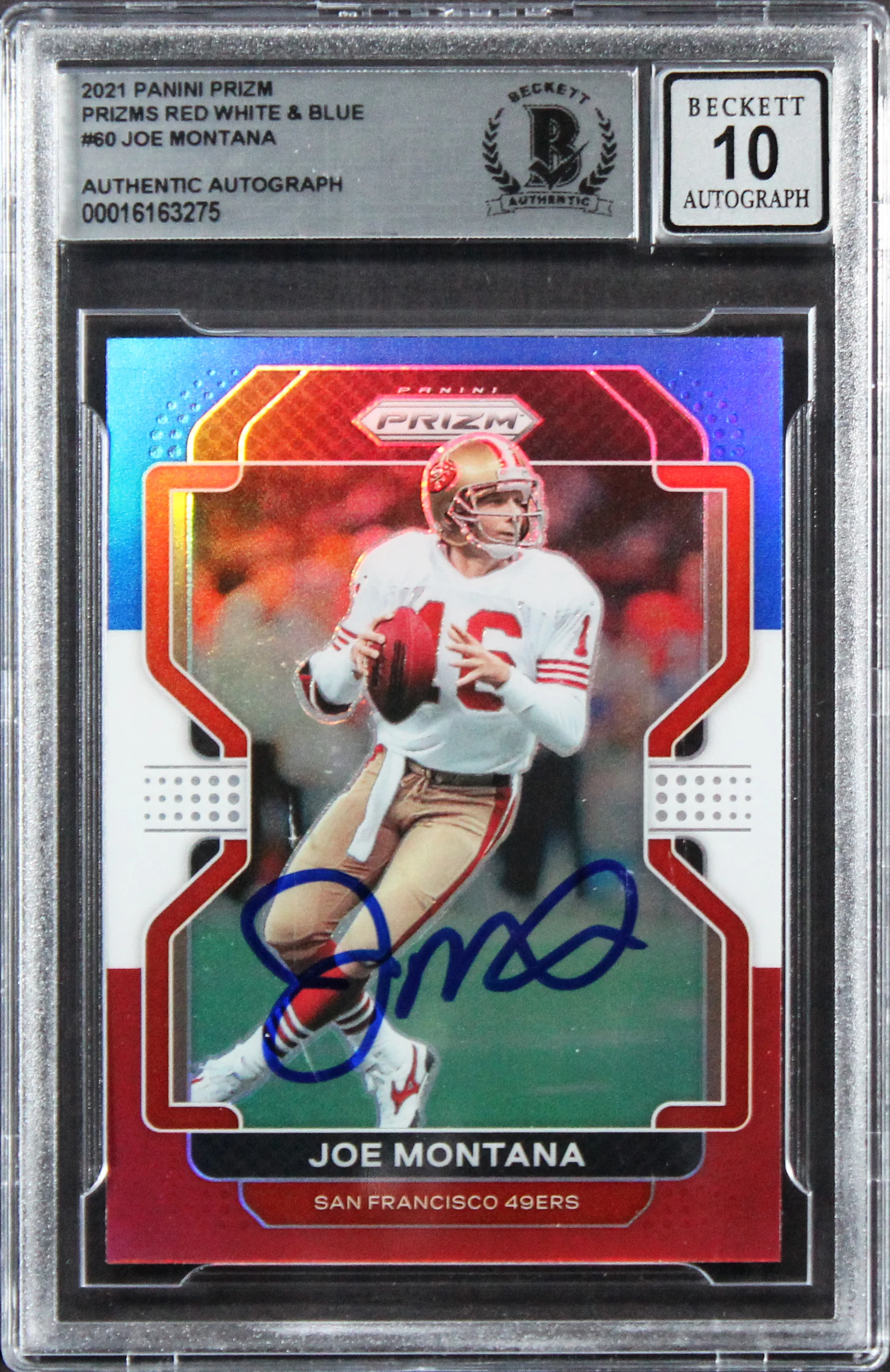 49ers Joe Montana Signed 2021 Panini Prizm RW&B #60 Card Auto 10! BAS Slabbed - Image 2
