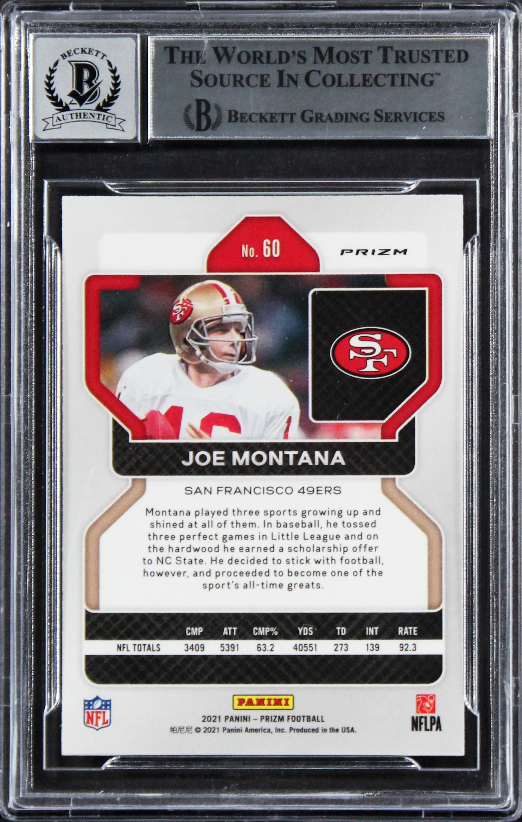 49ers Joe Montana Signed 2021 Panini Prizm RW&B #60 Card Auto 10! BAS Slabbed - Image 3