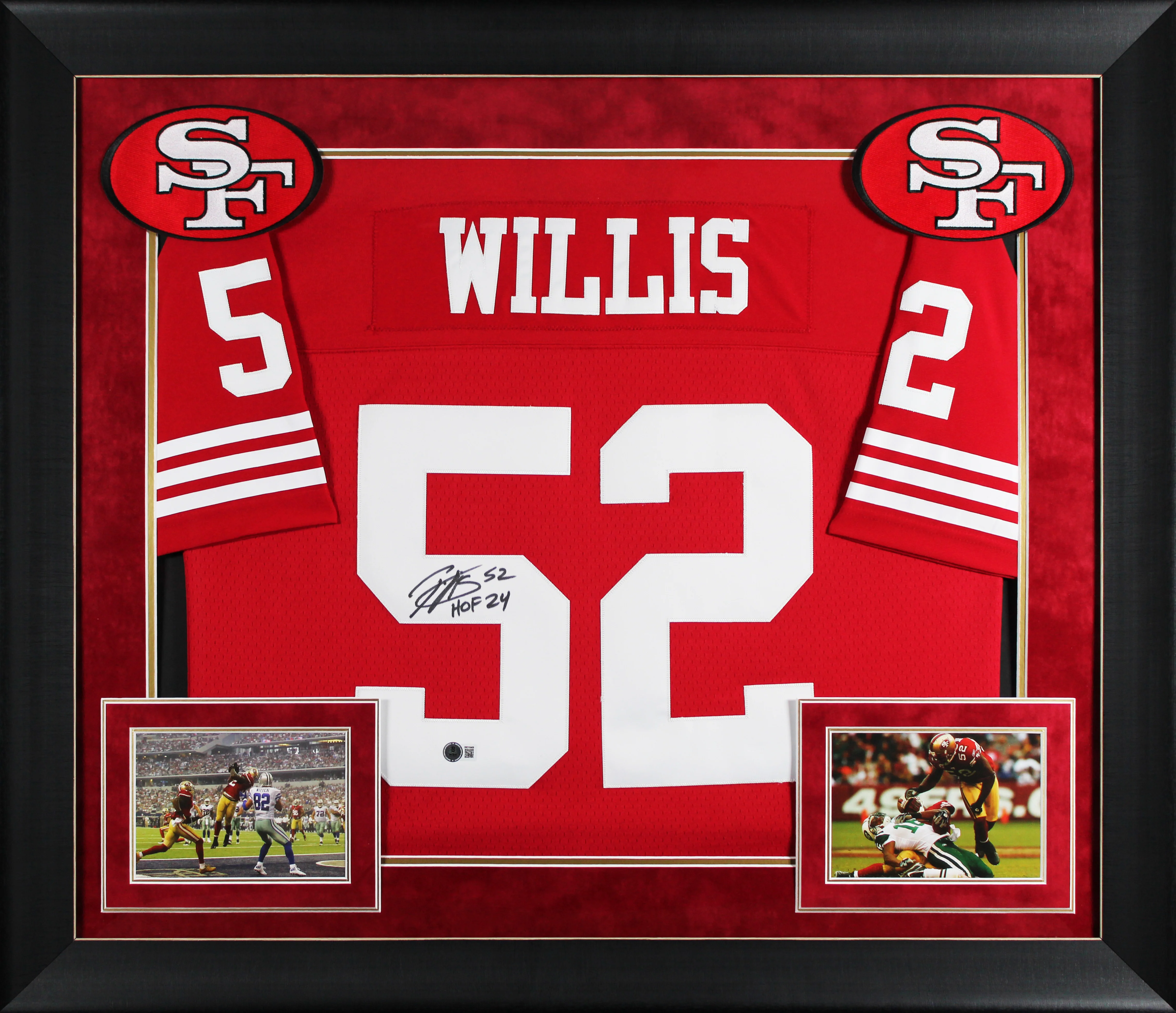 49ers Patrick Willis "HOF 24" Signed Red M&N Framed Jersey BAS Witnessed - Image 2