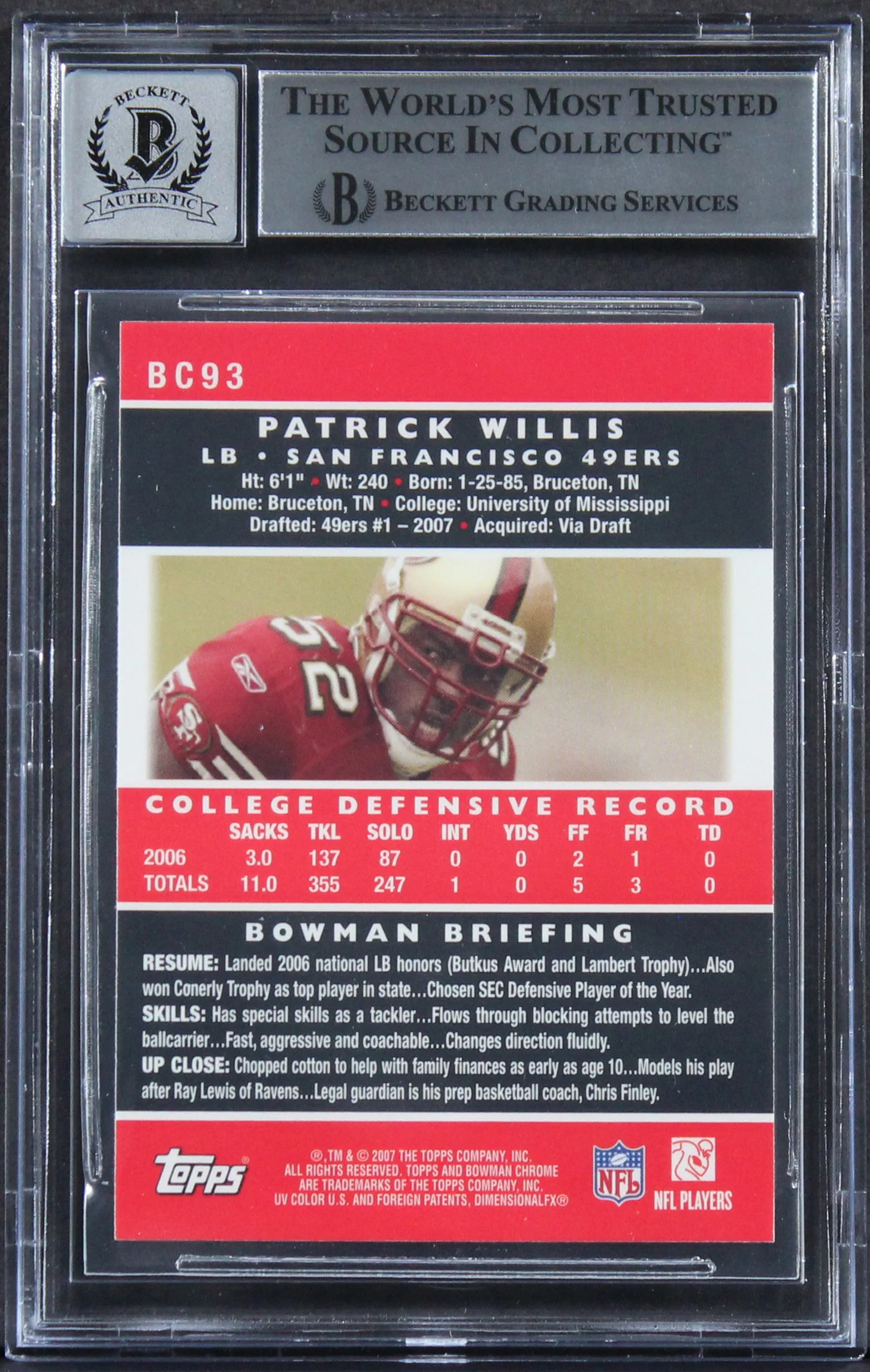 49ers Patrick Willis Signed 2007 Bowman Chrome #BC93 RC Card Auto 10 BAS Slabbed - Image 3
