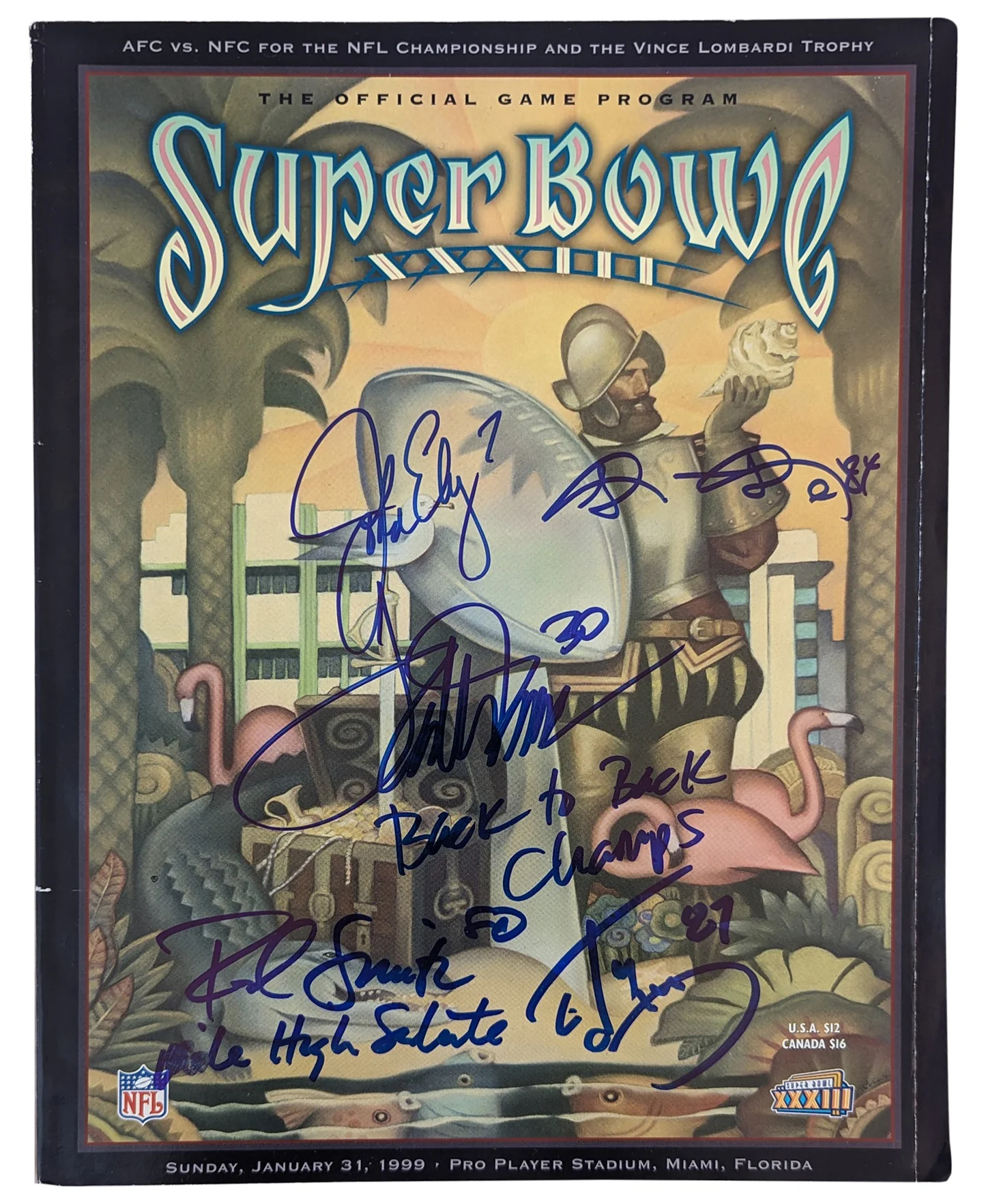 (5) Elway, Davis, Smith, McCaffrey & Sharpe Signed SB XXXIII Program BAS Wit 2