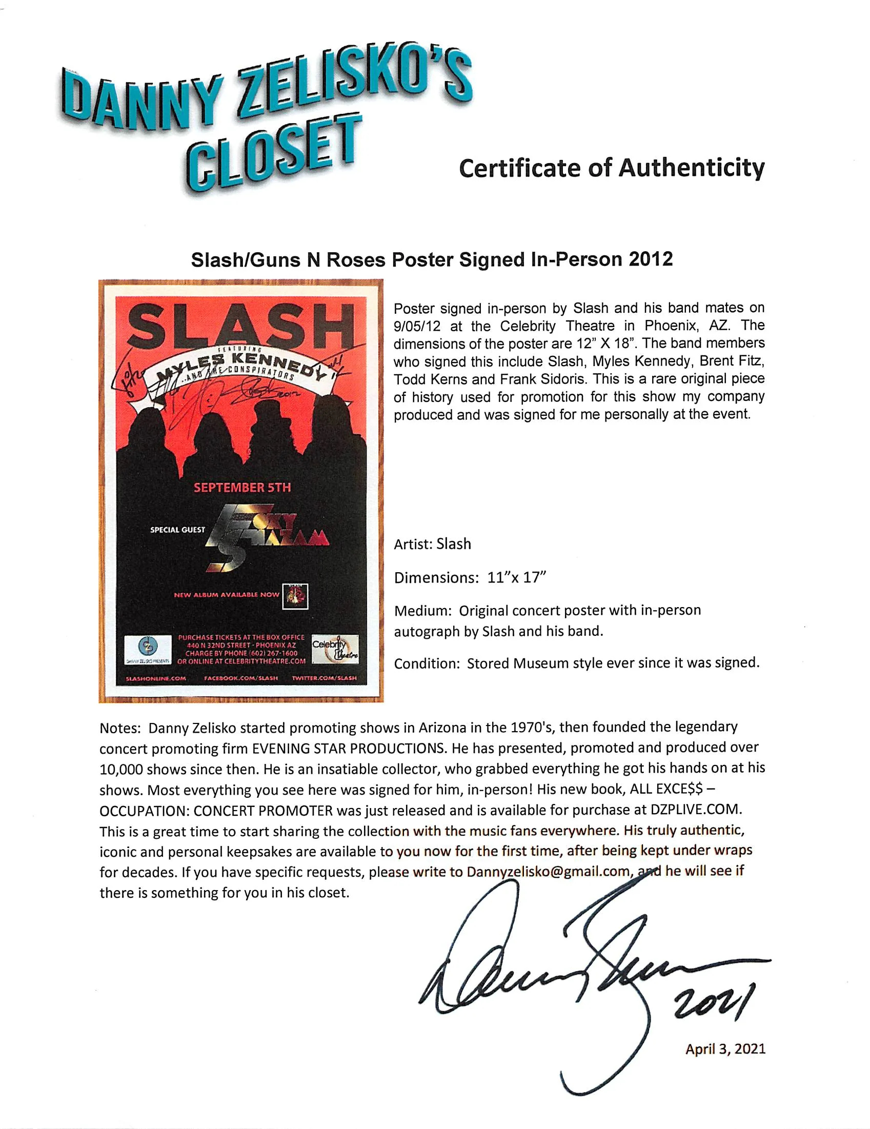 (5) Slash, Kennedy, Kerns, Fitz & Sidoras Signed 11x17 2012 Concert Poster BAS - Image 5