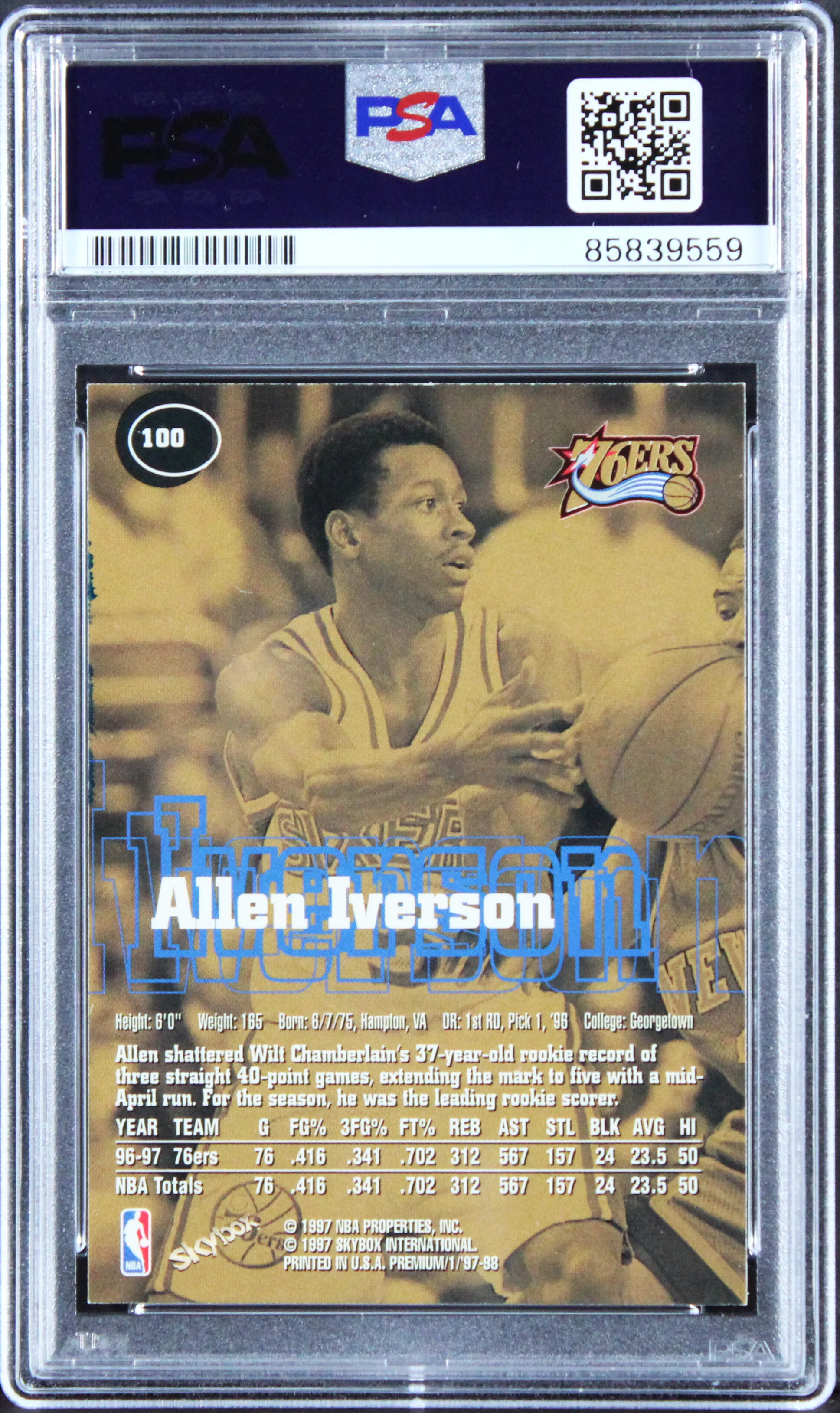 76ers Allen Iverson 1997 SkyBox Premium #100 Card Autographed PSA/DNA Slabbed - Image 3